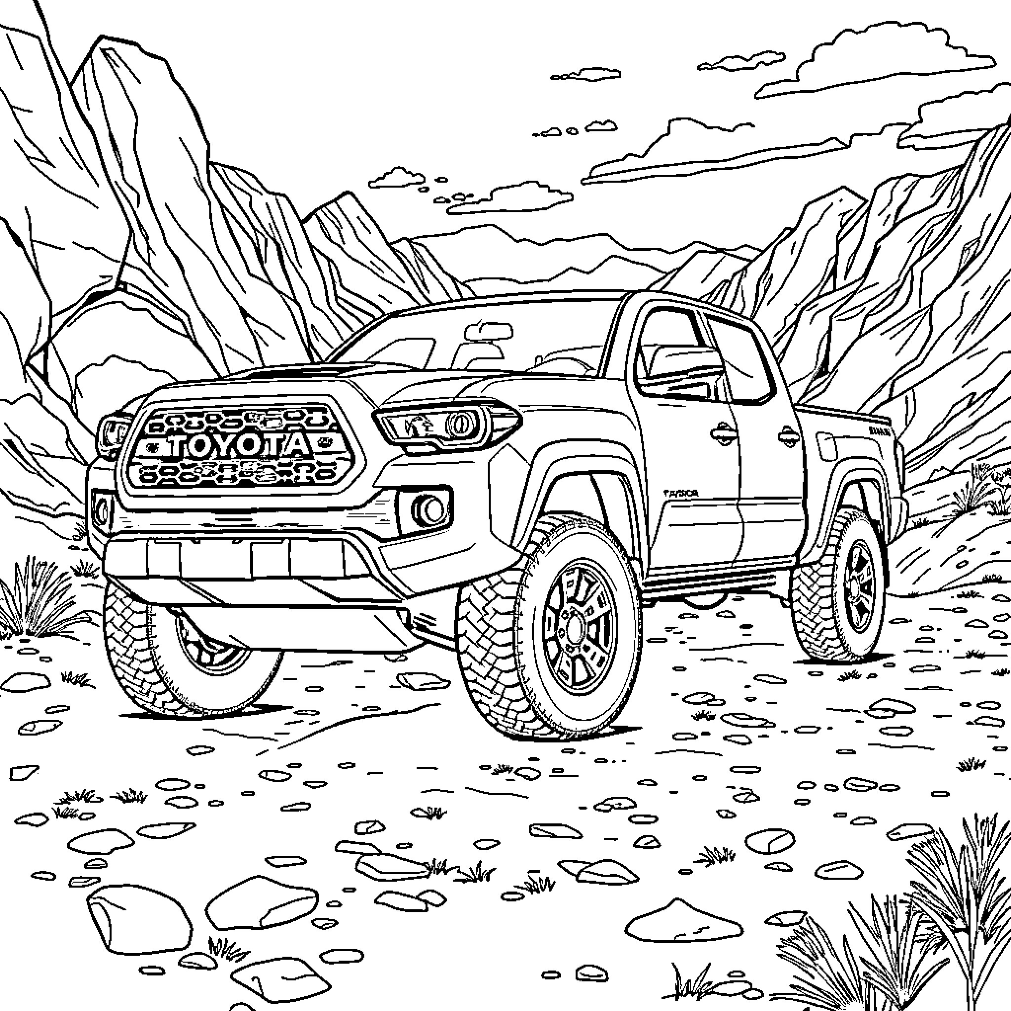 Toyota Tacoma off-road adventure in the mountains Coloring Page (free black-and-white line drawing printable PDF for all, from beginners to advanced learners, including children, teens, adults, and seniors)