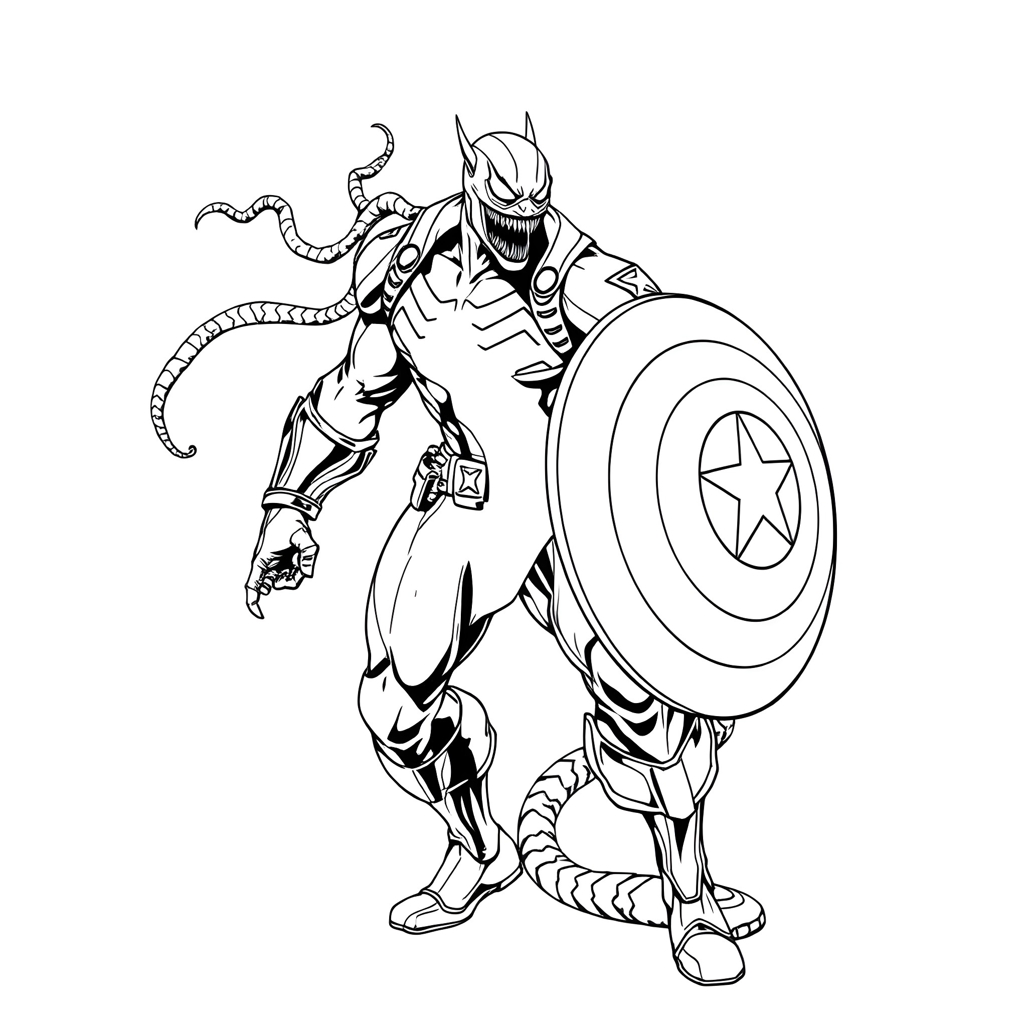 Captain Venom's Heroic Defiance Coloring Page (free black-and-white line drawing printable PDF for all, from beginners to advanced learners, including children, teens, adults, and seniors)
