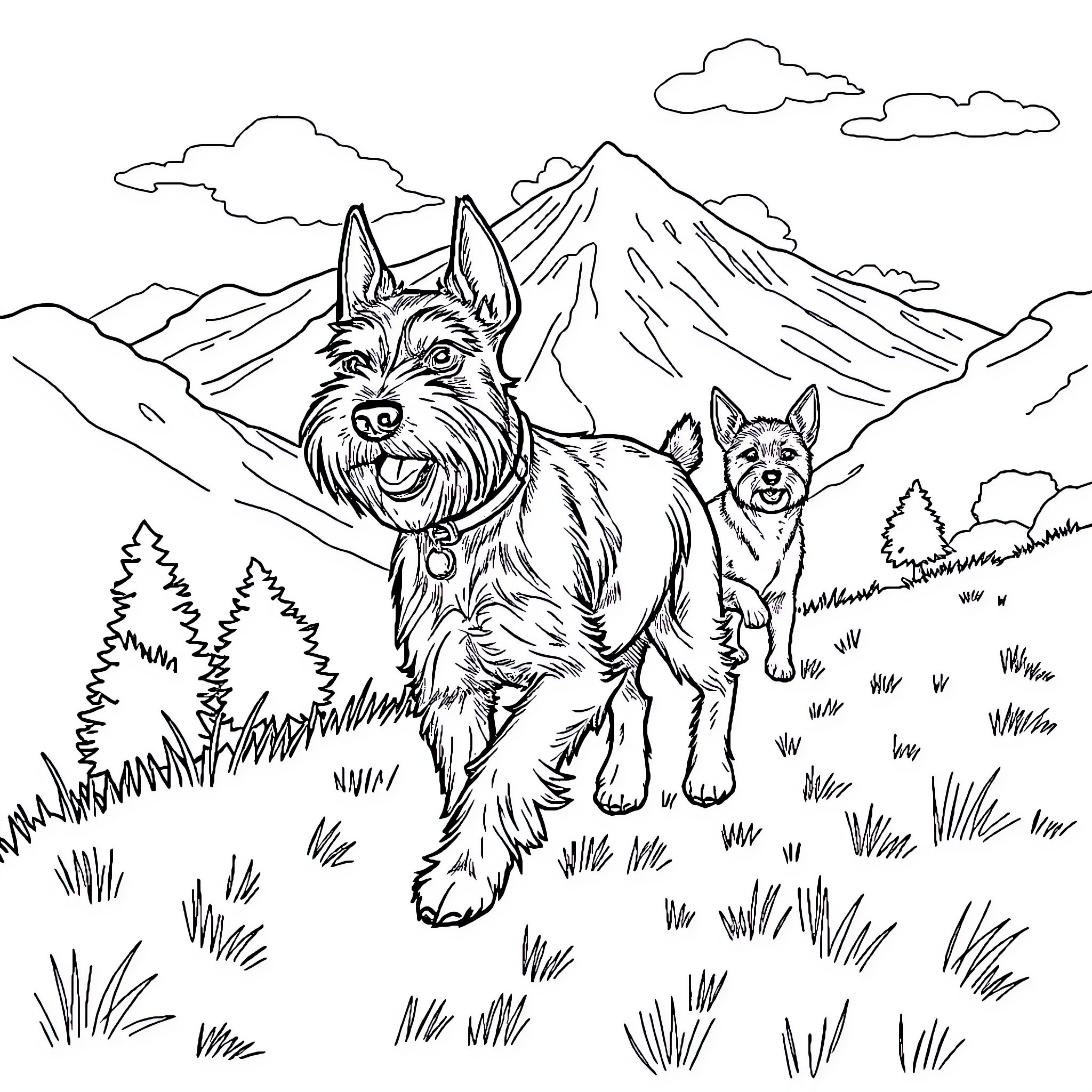 Dogs exploring the mountain landscape Coloring Page (free black-and-white line drawing printable PDF for all, from beginners to advanced learners, including children, teens, adults, and seniors)