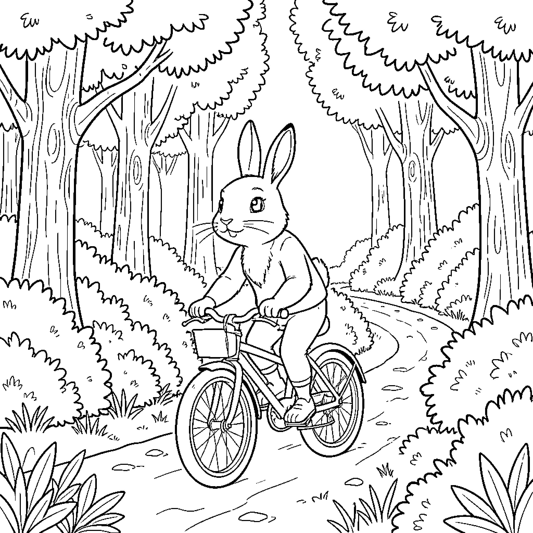 Rabbit riding a bicycle through a forest path Coloring Page (free black-and-white line drawing printable PDF for all, from beginners to advanced learners, including children, teens, adults, and seniors)