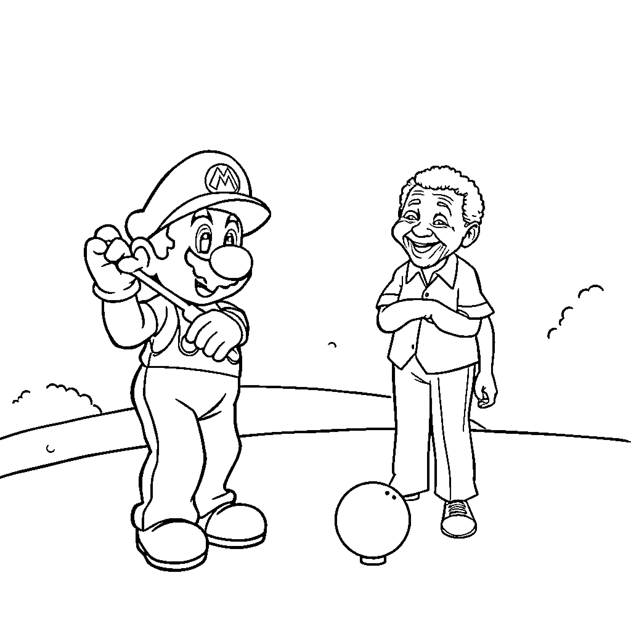 Super Mario and the Friendly Man Coloring Page (free black-and-white line drawing printable PDF for all, from beginners to advanced learners, including children, teens, adults, and seniors)