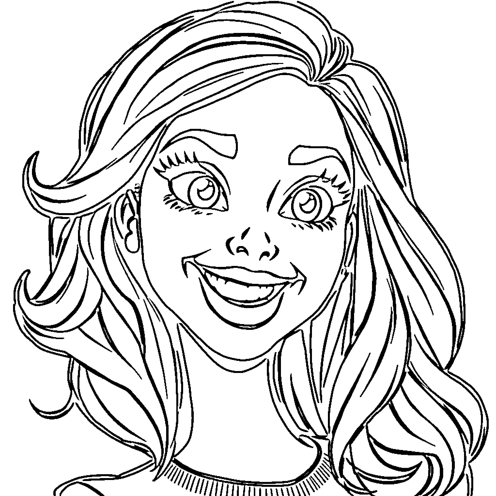 Woman with Joyful Facial Expression and Wavy Hair Coloring Page (free black-and-white line drawing printable PDF for all, from beginners to advanced learners, including children, teens, adults, and seniors)