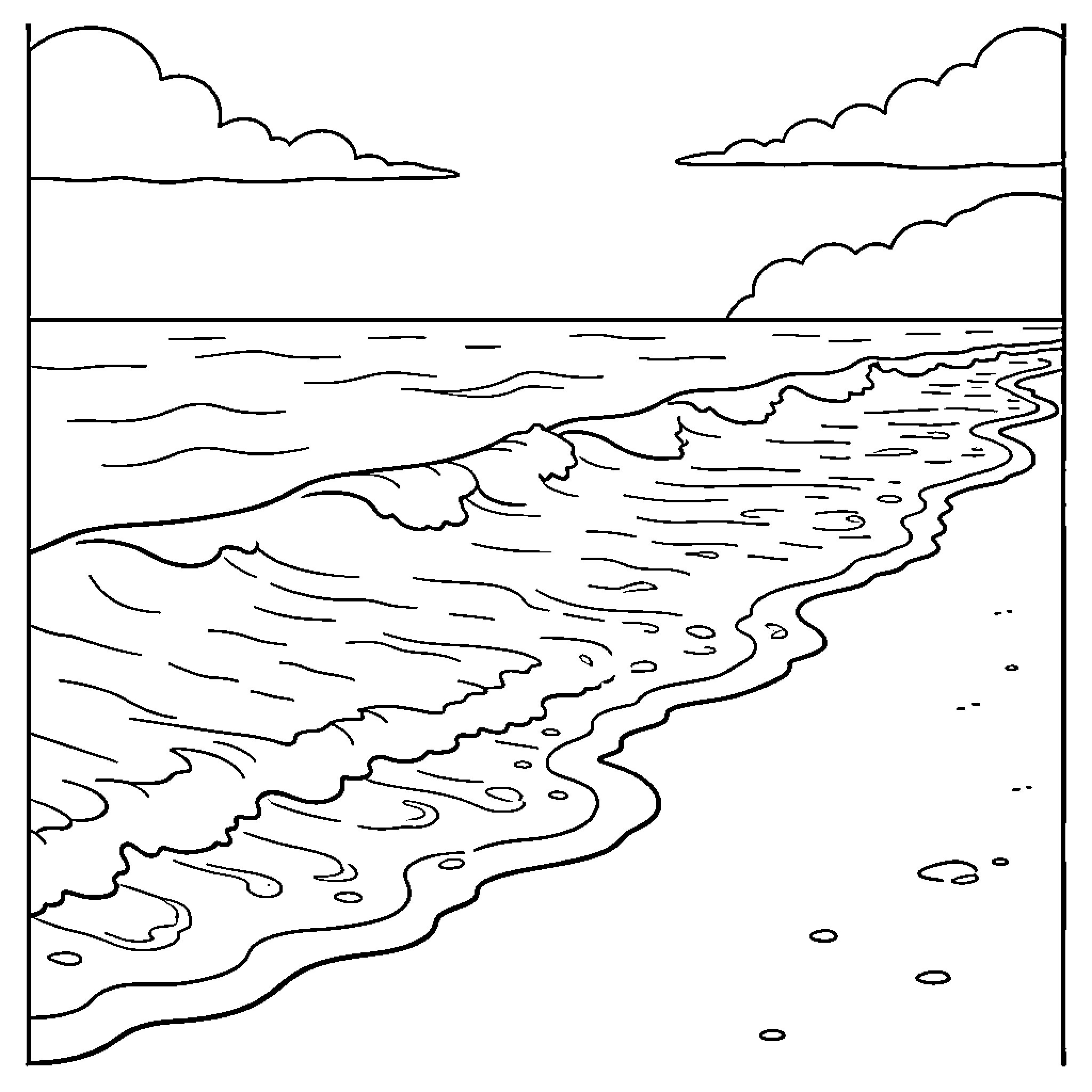 Beach waves gently washing onto the sandy shore Coloring Page (free black-and-white line drawing printable PDF for all, from beginners to advanced learners, including children, teens, adults, and seniors)