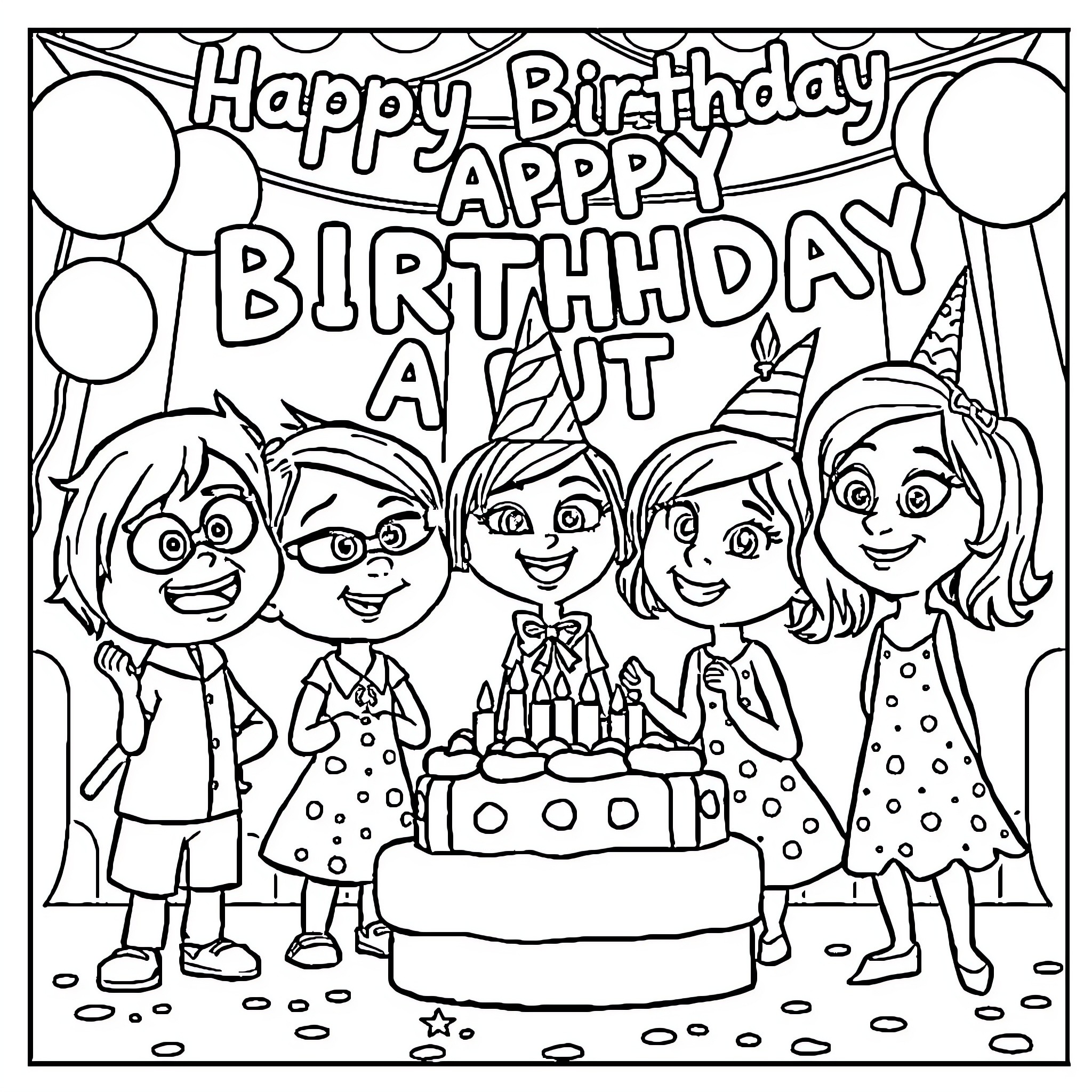 Amerie's Happy Birthday Celebration with Friends Coloring Page (free black-and-white line drawing printable PDF for all, from beginners to advanced learners, including children, teens, adults, and seniors)