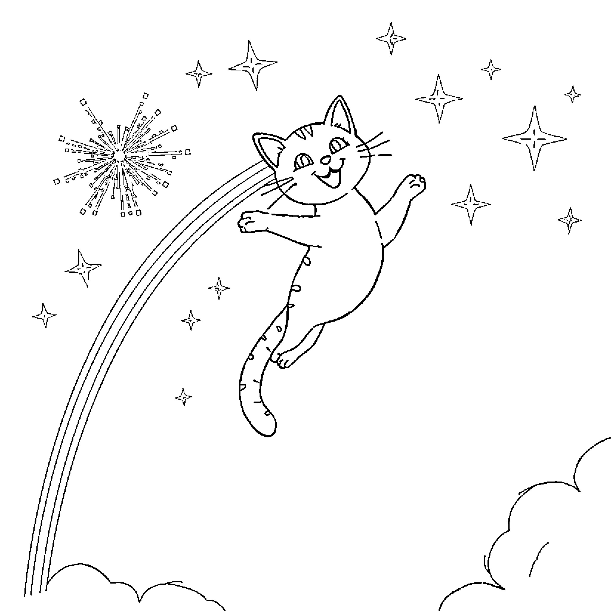 Unicorn Cat jumping through a starry sky Coloring Page (free black-and-white line drawing printable PDF for all, from beginners to advanced learners, including children, teens, adults, and seniors)