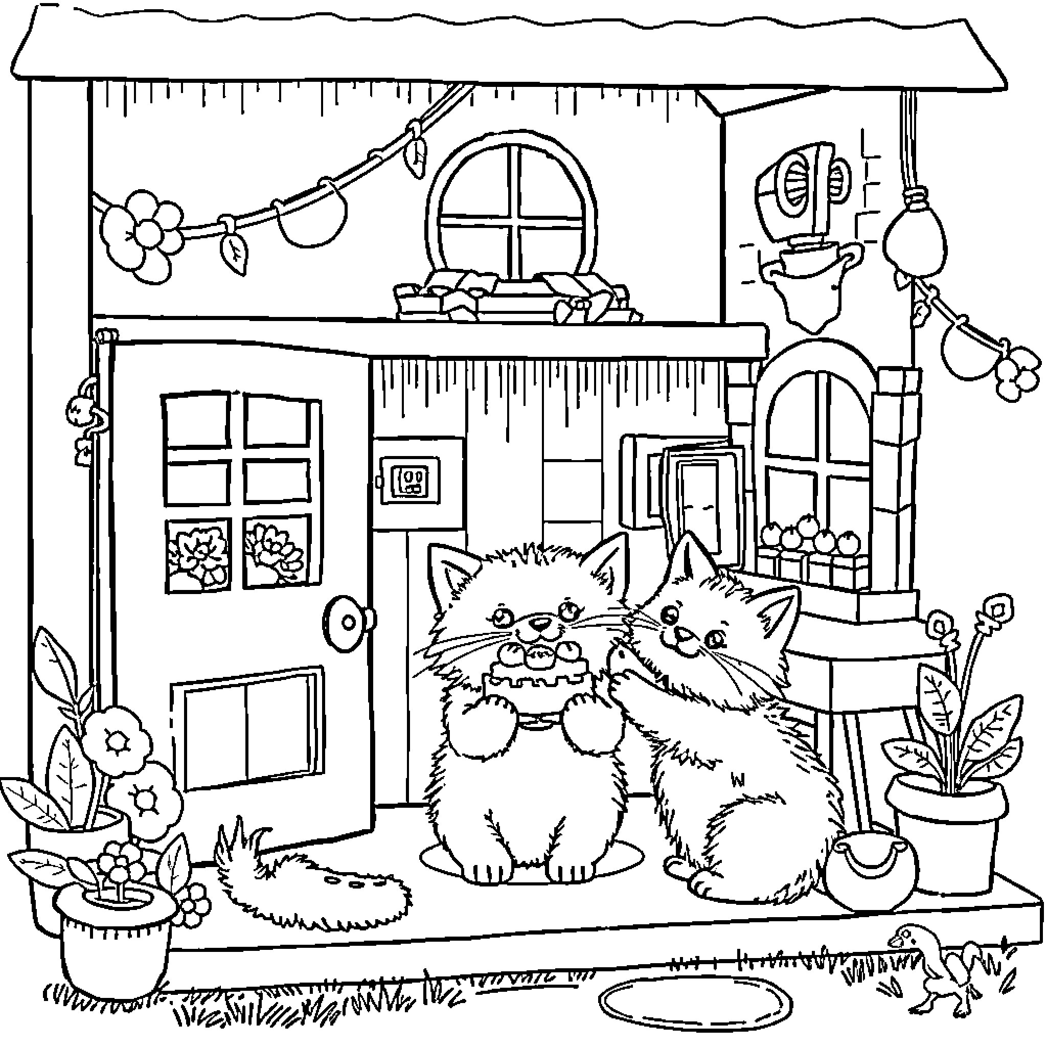 Cat enjoying cozy cottage with friends Coloring Page (free black-and-white line drawing printable PDF for all, from beginners to advanced learners, including children, teens, adults, and seniors)