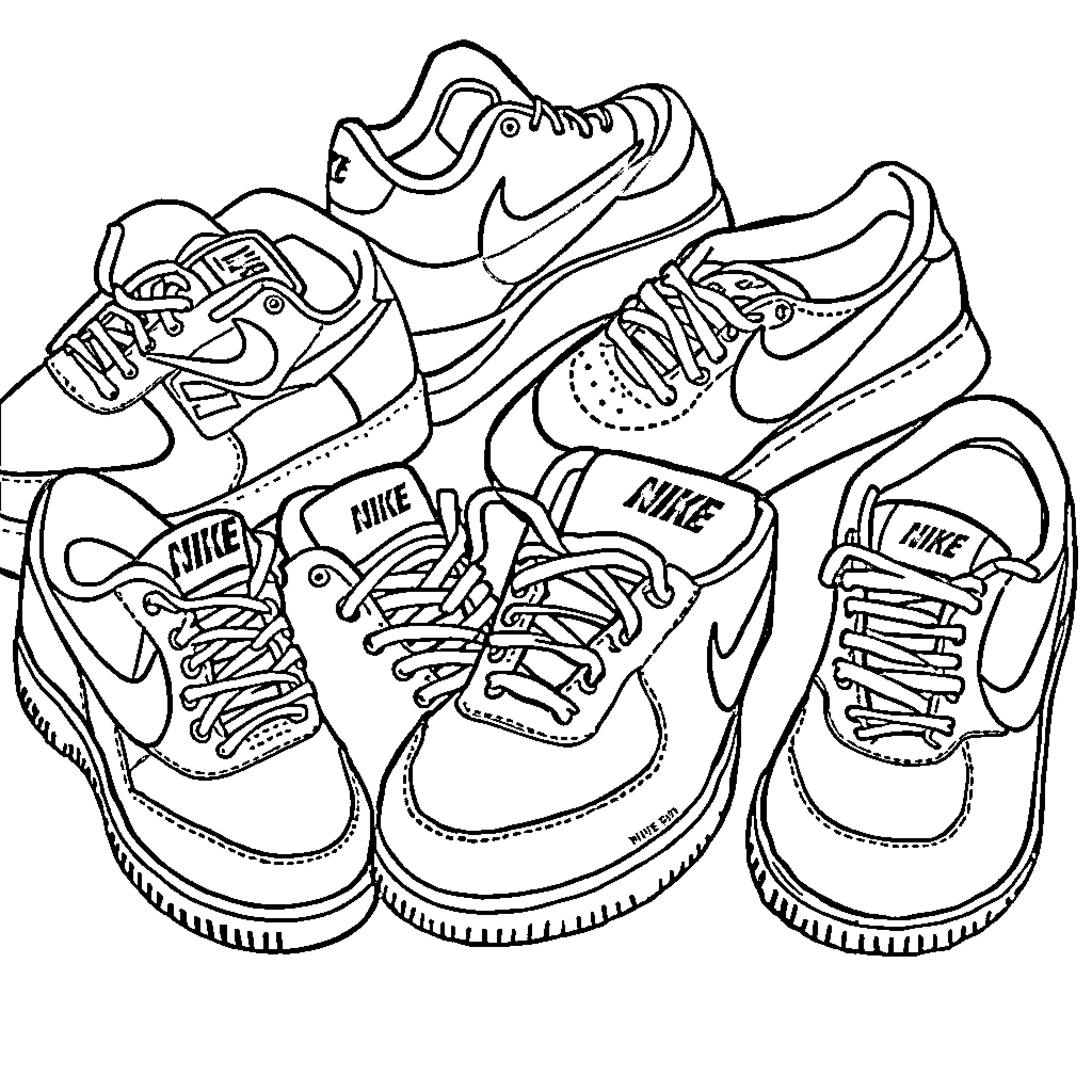 Nike Shoes Arranged in a Group Coloring Page (free black-and-white line drawing printable PDF for all, from beginners to advanced learners, including children, teens, adults, and seniors)