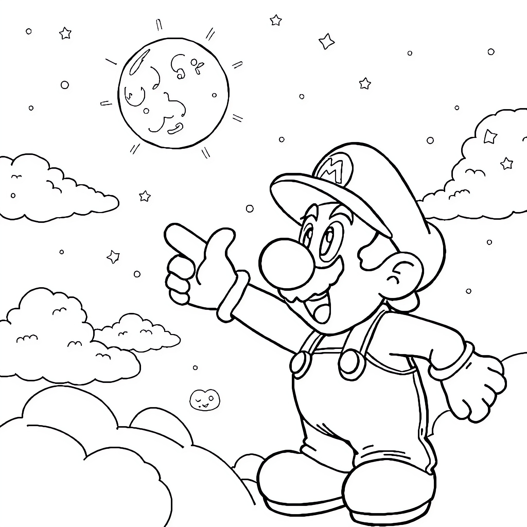 Mario's Adventurous Daytime Escapades Coloring Page (free black-and-white line drawing printable PDF for all, from beginners to advanced learners, including children, teens, adults, and seniors)
