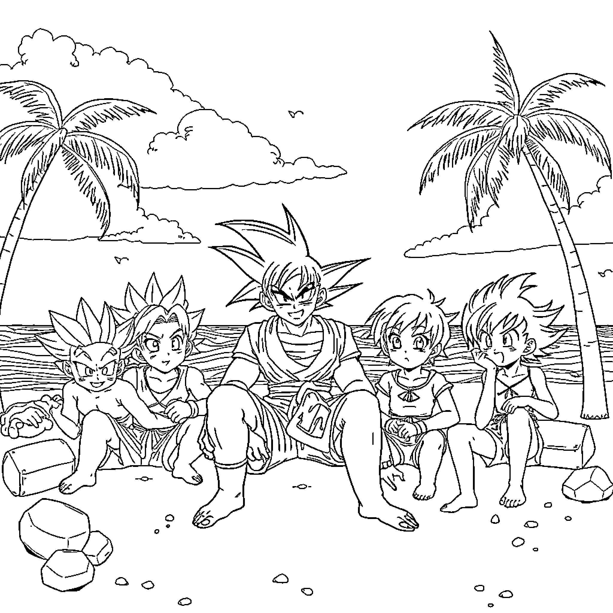 Dragon characters relaxing on the beach Coloring Page (free black-and-white line drawing printable PDF for all, from beginners to advanced learners, including children, teens, adults, and seniors)