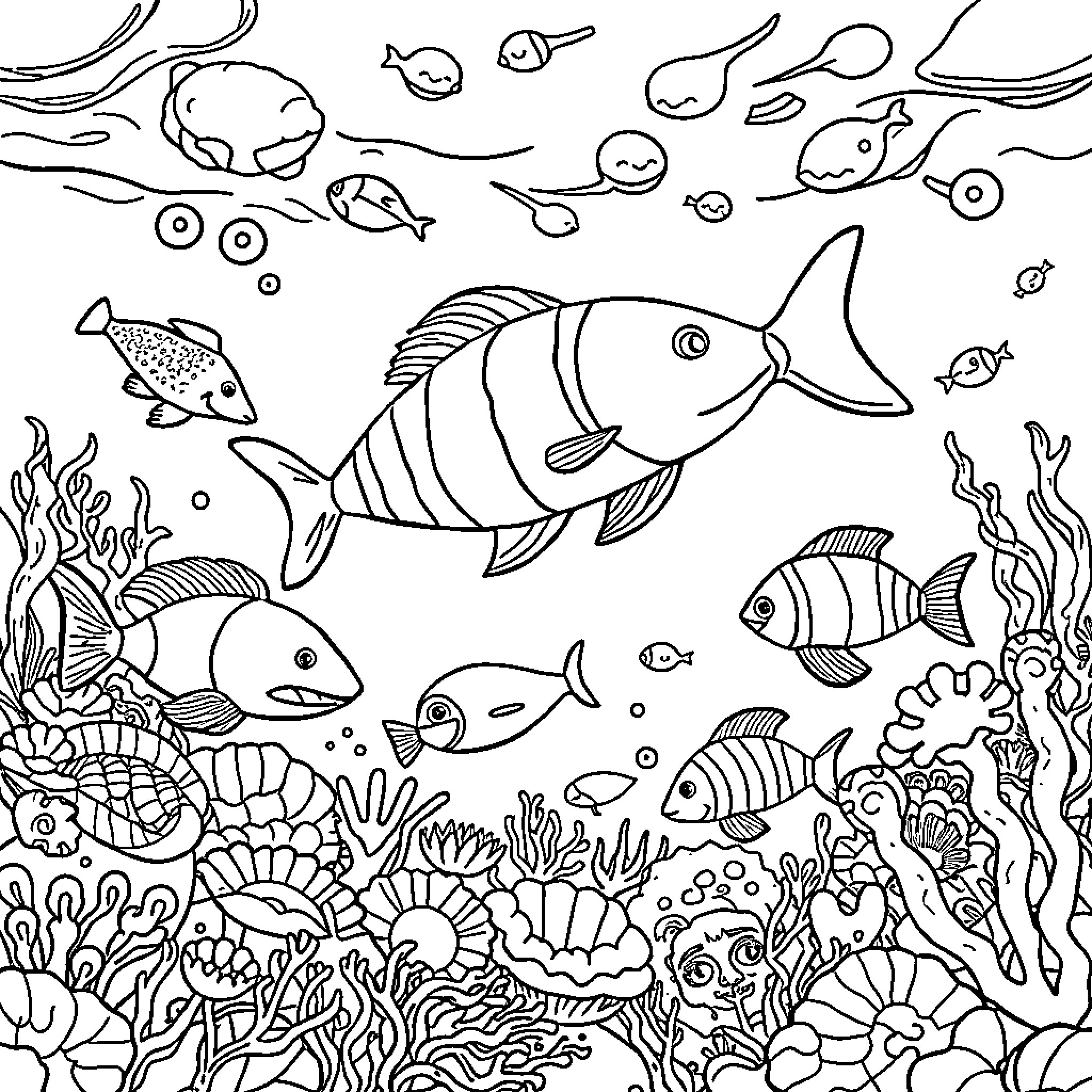 Sea Animal Underwater Scene with Various Fish Coloring Page (free black-and-white line drawing printable PDF for all, from beginners to advanced learners, including children, teens, adults, and seniors)