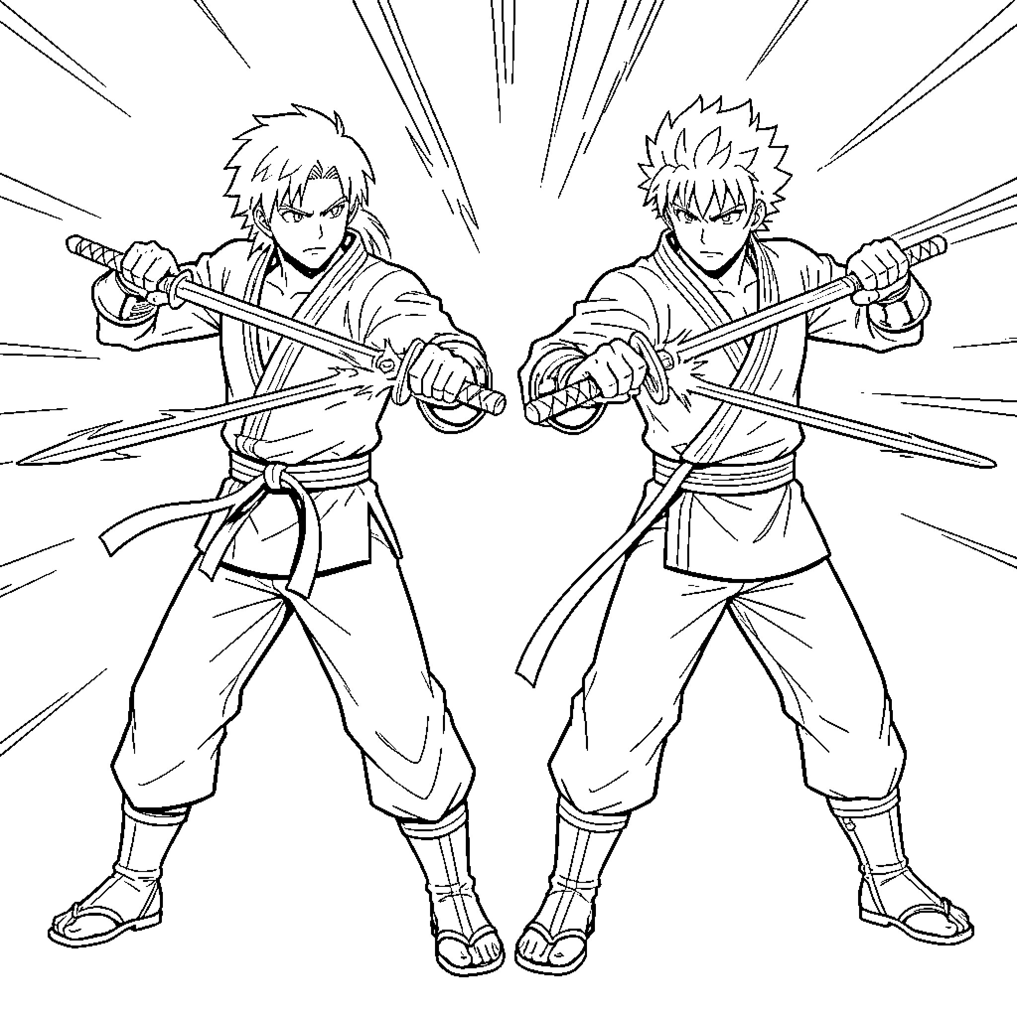 Hizashi: Animated Sword Combat Coloring Page (free black-and-white line drawing printable PDF for all, from beginners to advanced learners, including children, teens, adults, and seniors)