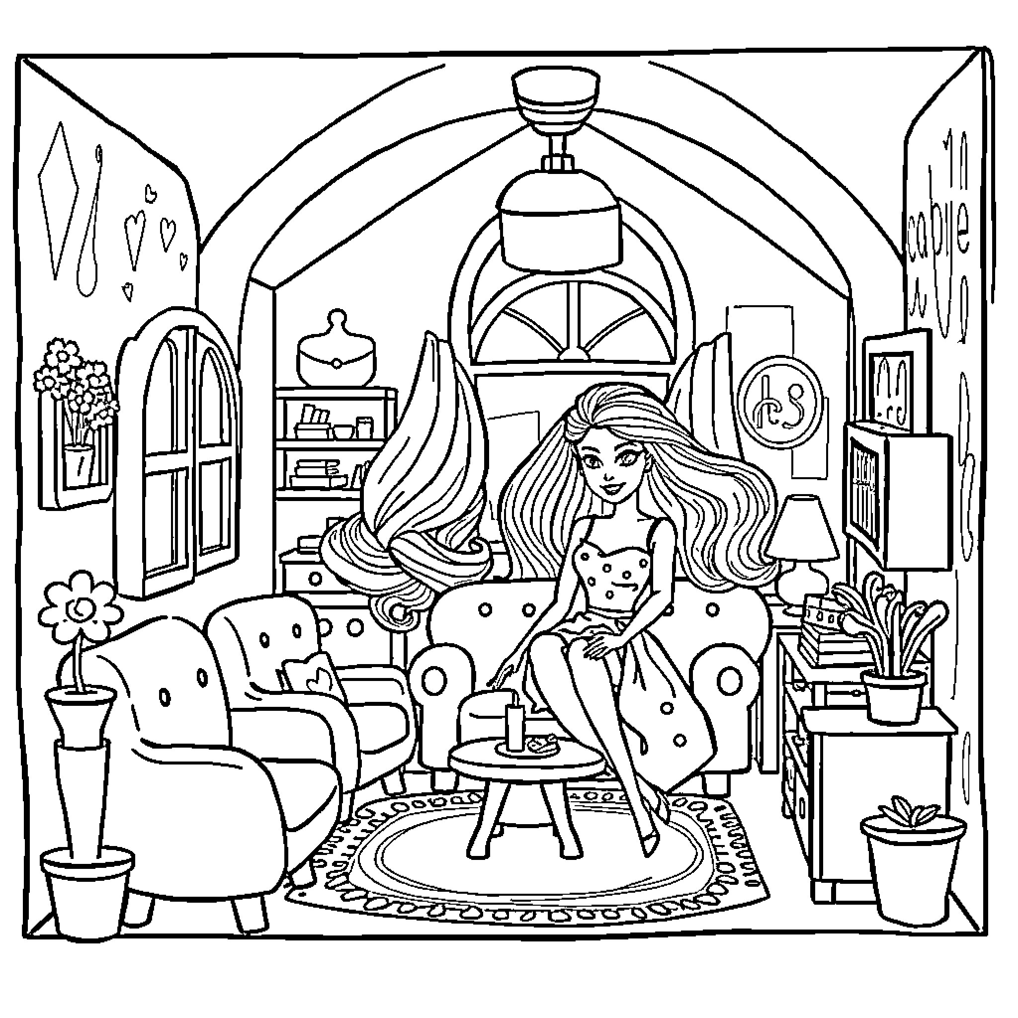 Barbie relaxing in her cozy home Coloring Page (free black-and-white line drawing printable PDF for all, from beginners to advanced learners, including children, teens, adults, and seniors)