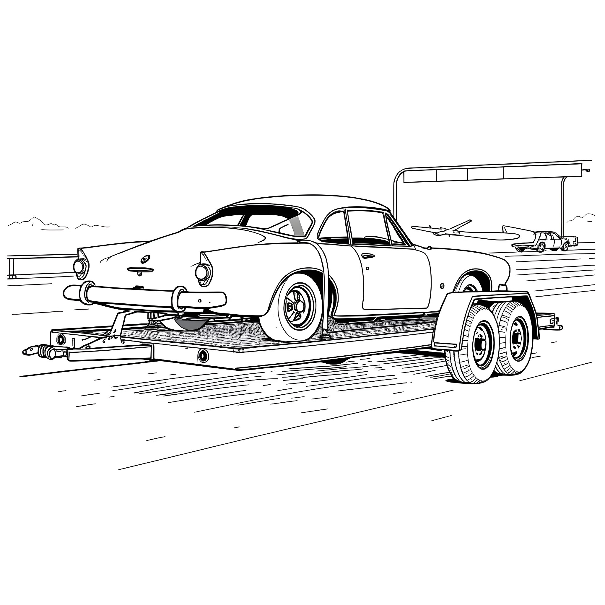 Car Trailer Transporting Vintage Automobile Coloring Page (free black-and-white line drawing printable PDF for all, from beginners to advanced learners, including children, teens, adults, and seniors)