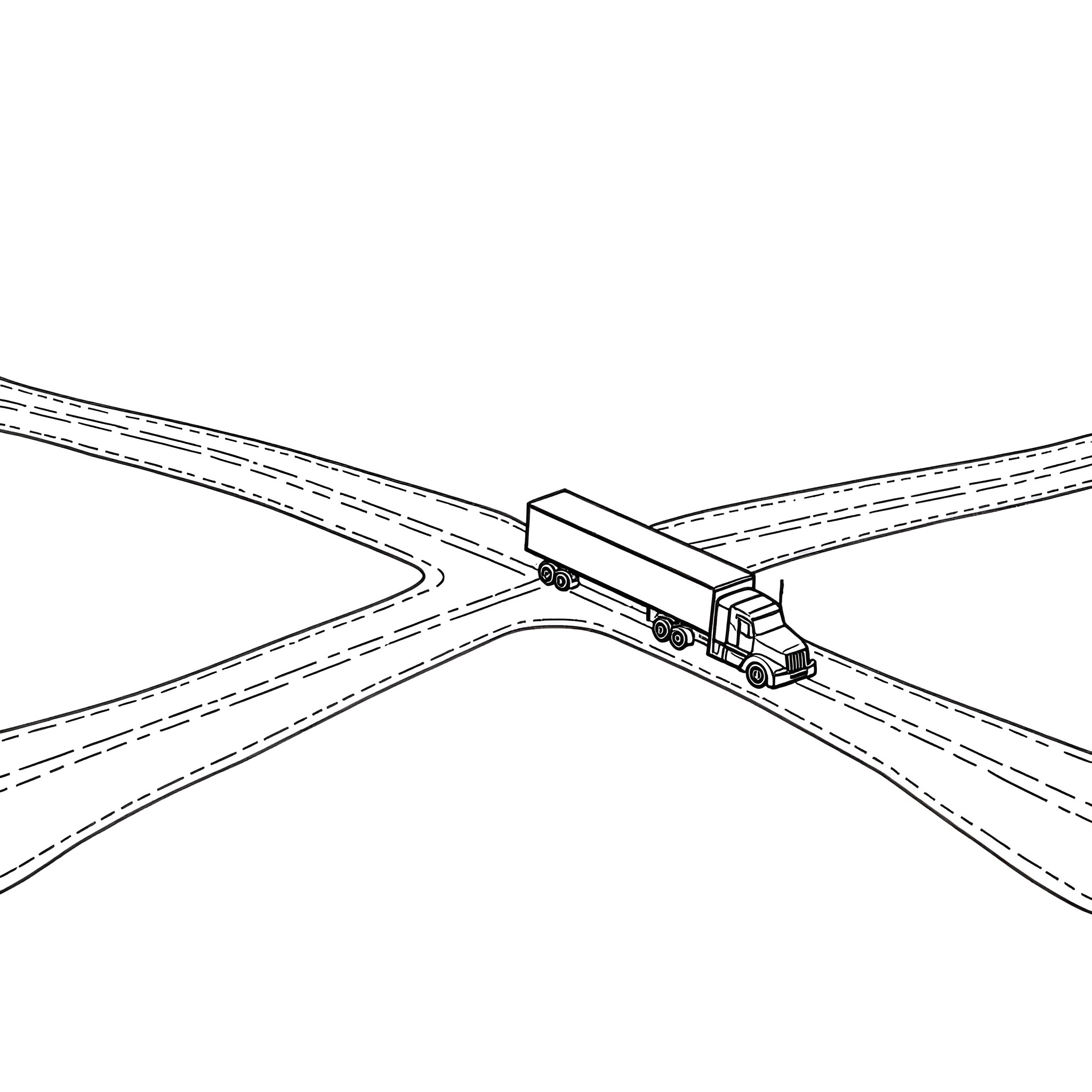Semi Truck Crossing Highway Intersection Coloring Page (free black-and-white line drawing printable PDF for all, from beginners to advanced learners, including children, teens, adults, and seniors)