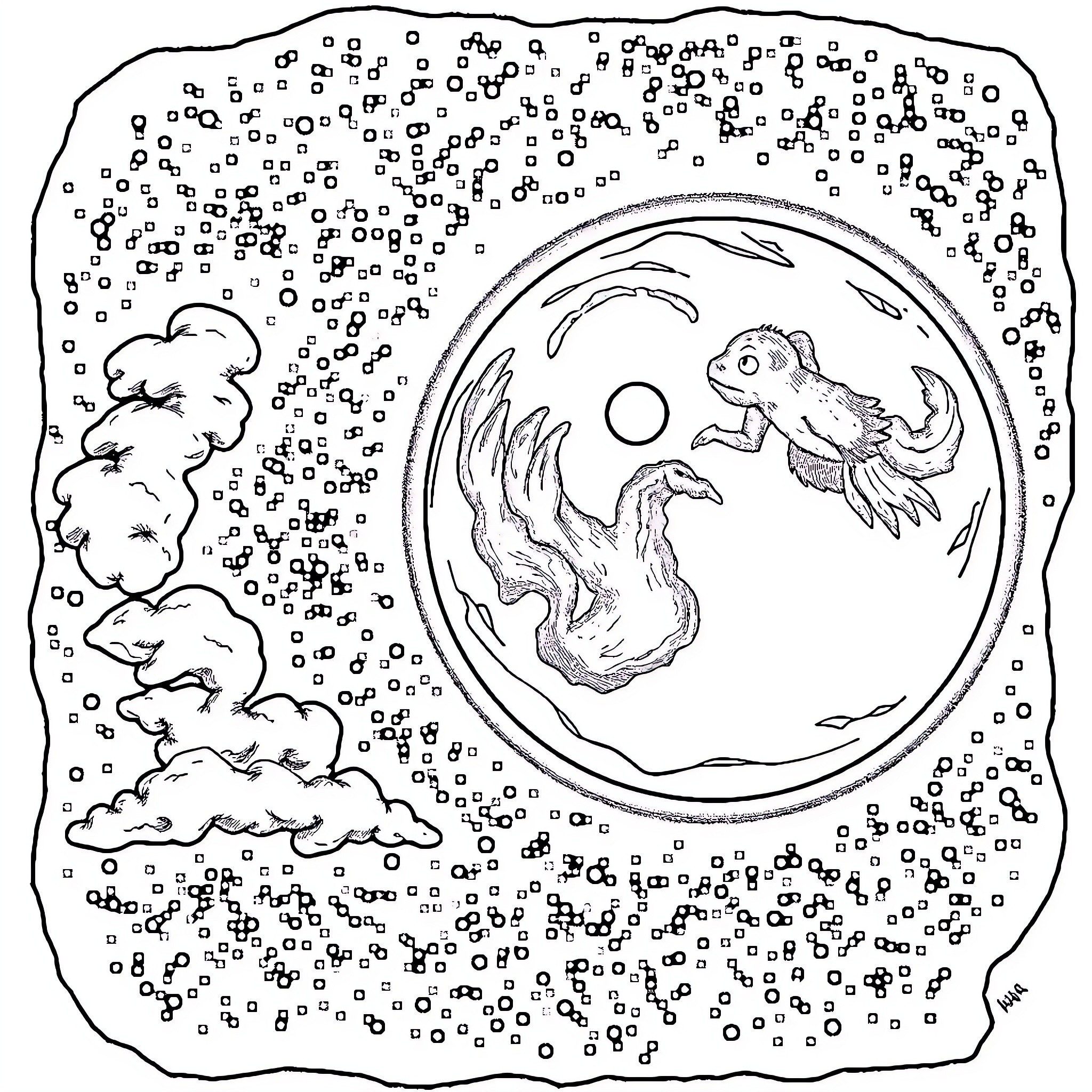 Planet with Mythical Creatures in the Sky Coloring Page (free black-and-white line drawing printable PDF for all, from beginners to advanced learners, including children, teens, adults, and seniors)