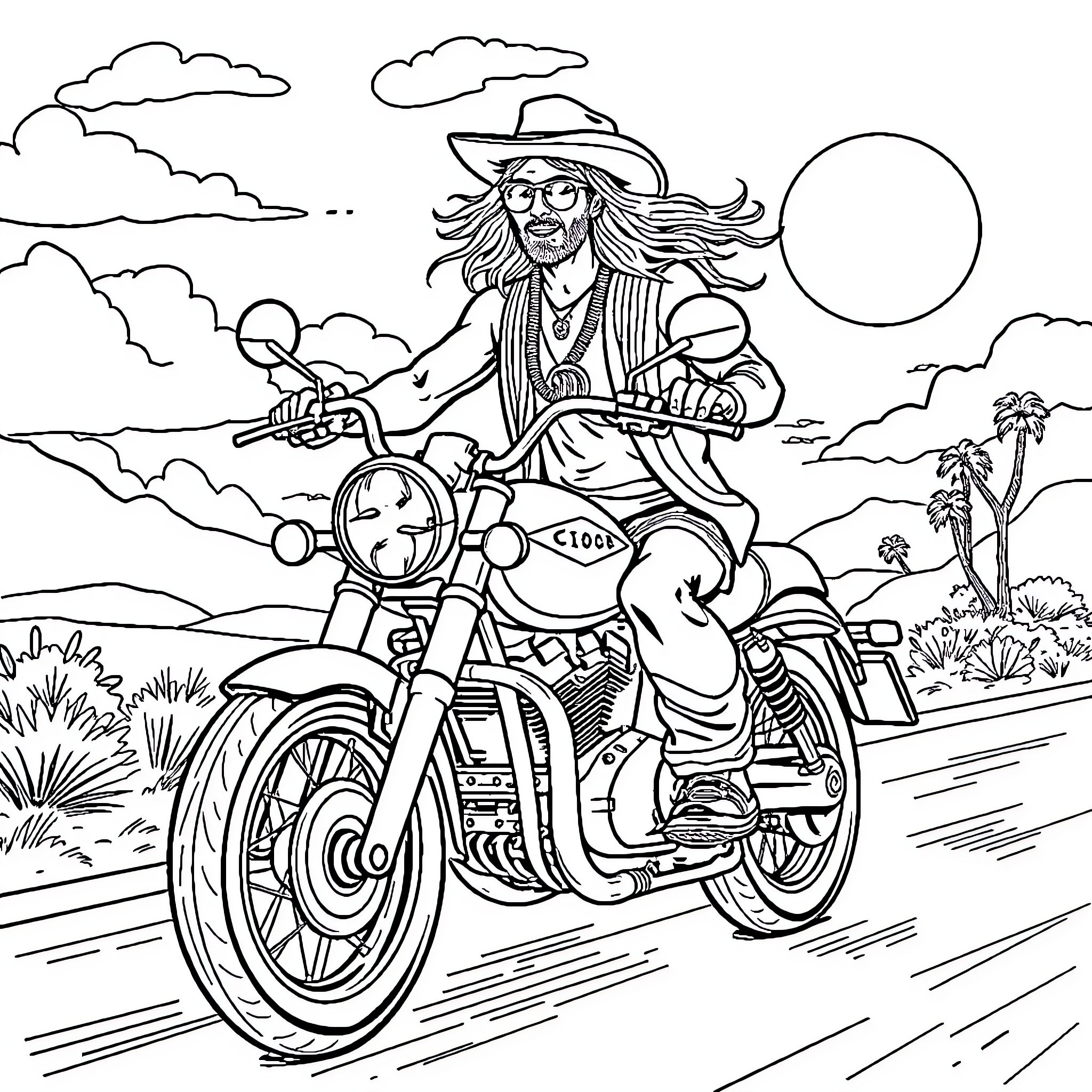 Hippie riding a motorcycle on the open road Coloring Page (free black-and-white line drawing printable PDF for all, from beginners to advanced learners, including children, teens, adults, and seniors)