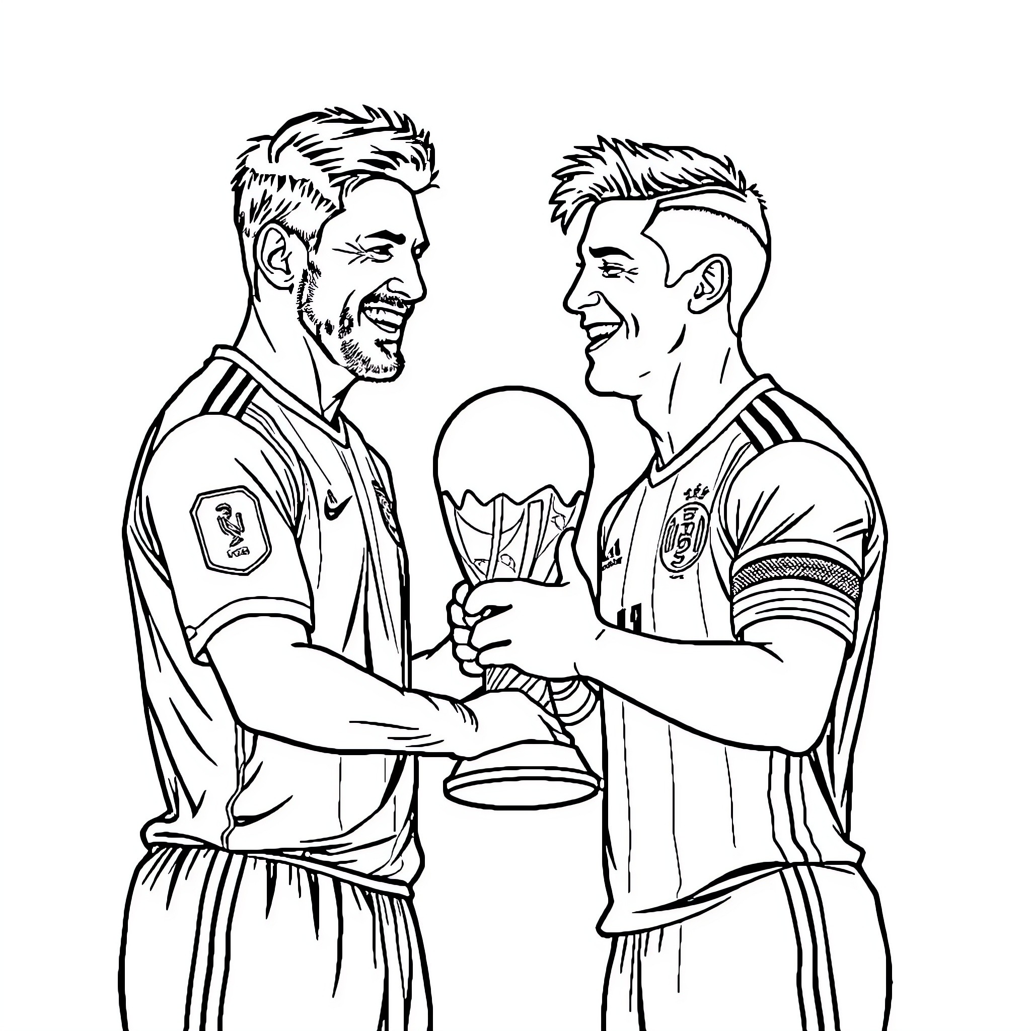 Messi celebrating championship victory with teammate Coloring Page (free black-and-white line drawing printable PDF for all, from beginners to advanced learners, including children, teens, adults, and seniors)