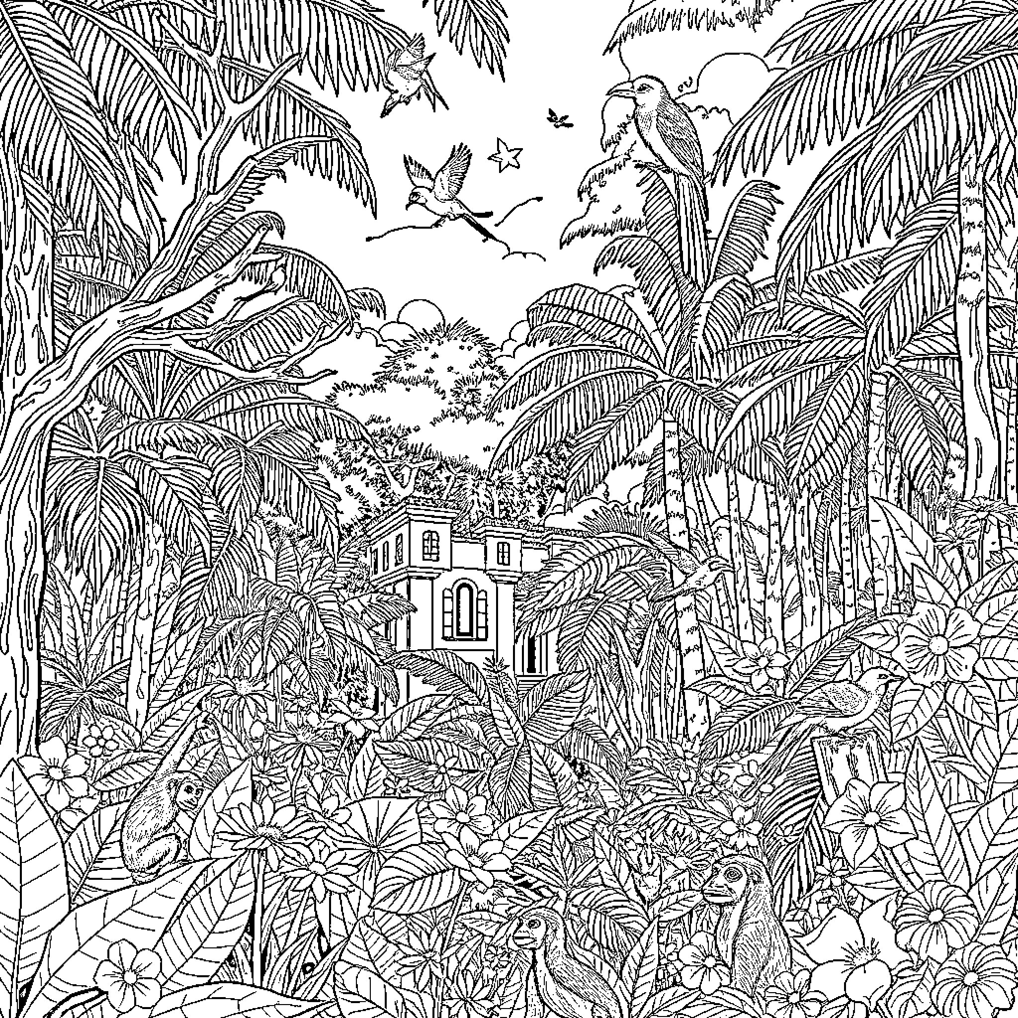 Forest Retreat in Lush Tropical Landscape Coloring Page (free black-and-white line drawing printable PDF for all, from beginners to advanced learners, including children, teens, adults, and seniors)