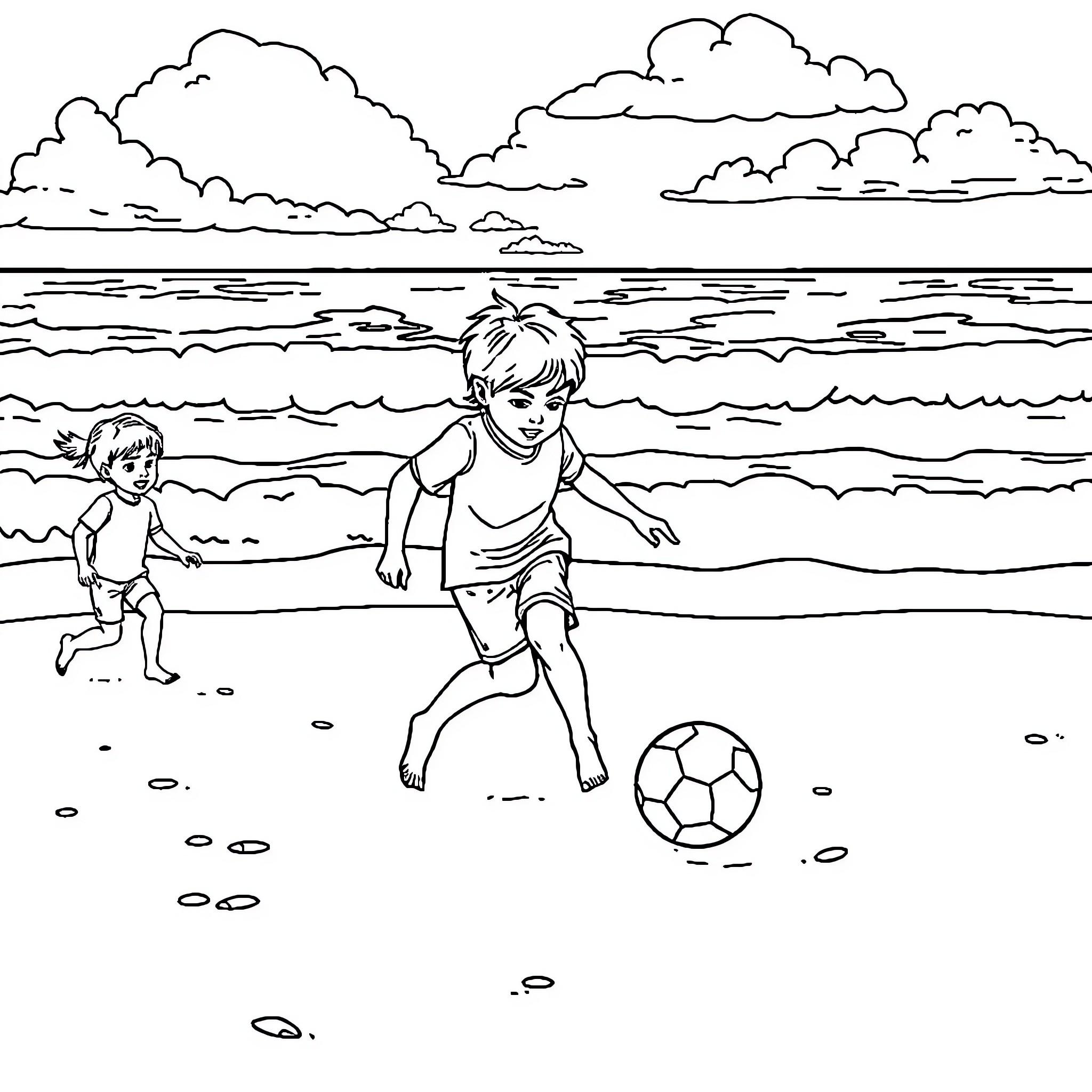 Soccer players having fun at the beach Coloring Page (free black-and-white line drawing printable PDF for all, from beginners to advanced learners, including children, teens, adults, and seniors)