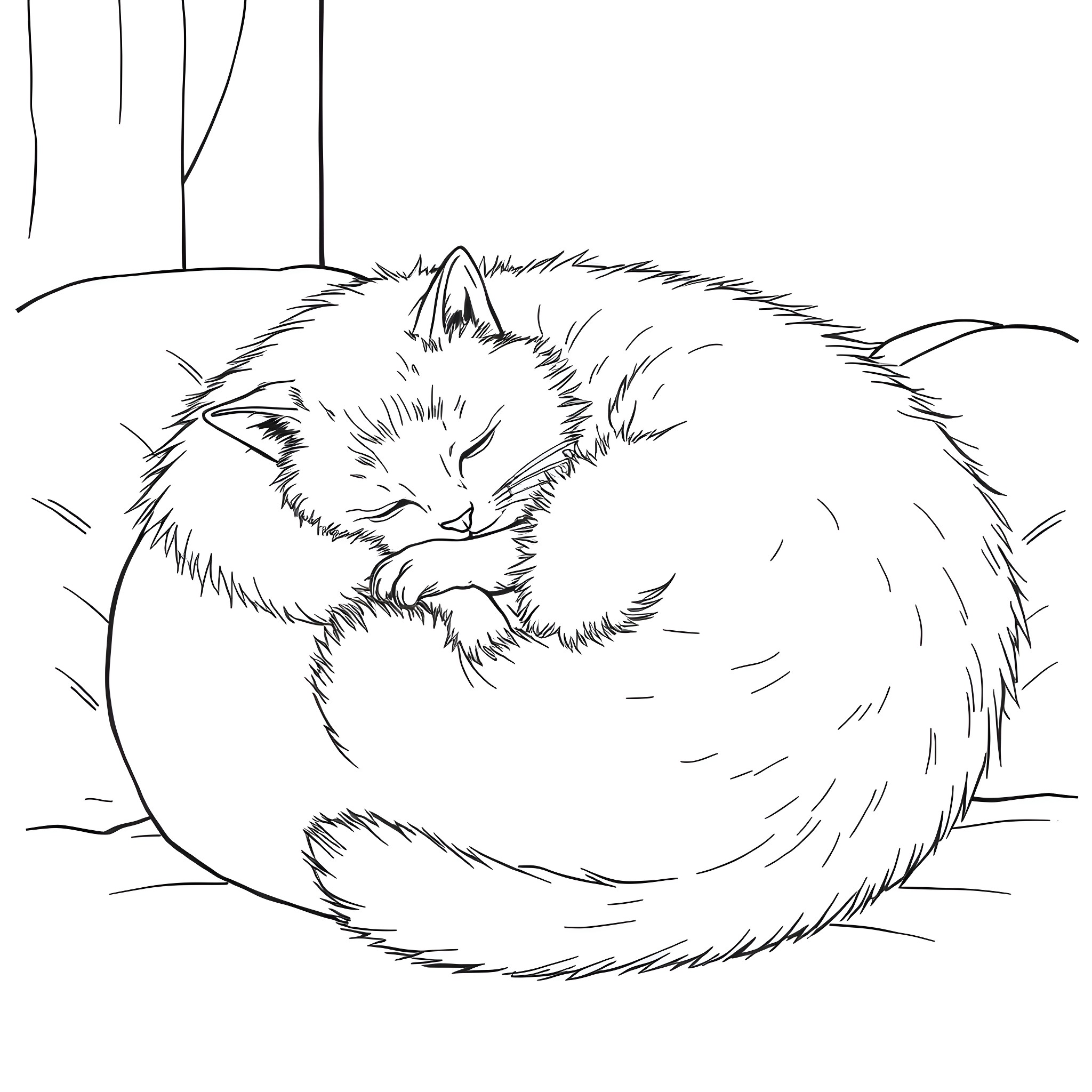 Cat curled up and sleeping peacefully Coloring Page (free black-and-white line drawing printable PDF for all, from beginners to advanced learners, including children, teens, adults, and seniors)