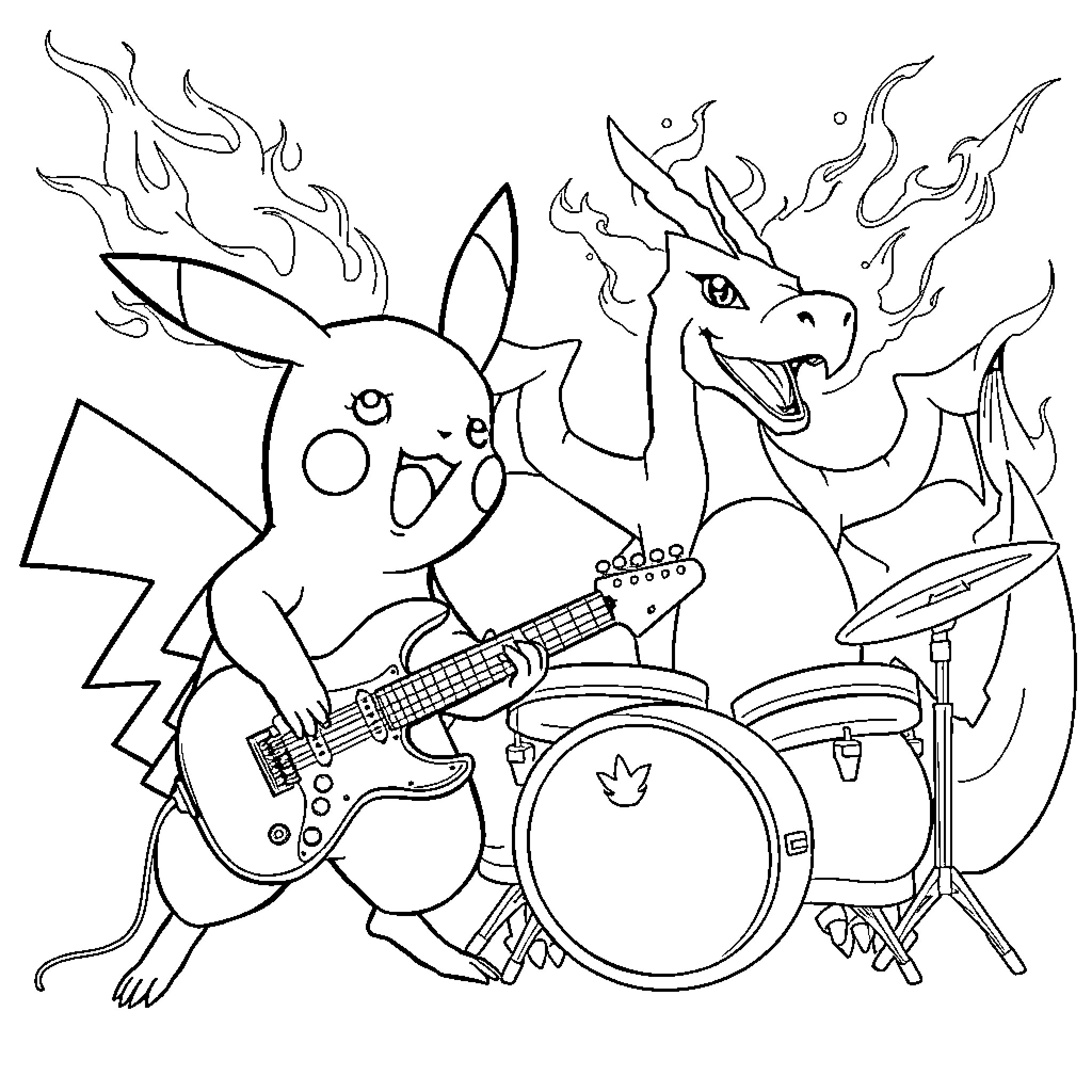 Pikachu Rocking Out with Fiery Dragon Bandmate Coloring Page (free black-and-white line drawing printable PDF for all, from beginners to advanced learners, including children, teens, adults, and seniors)