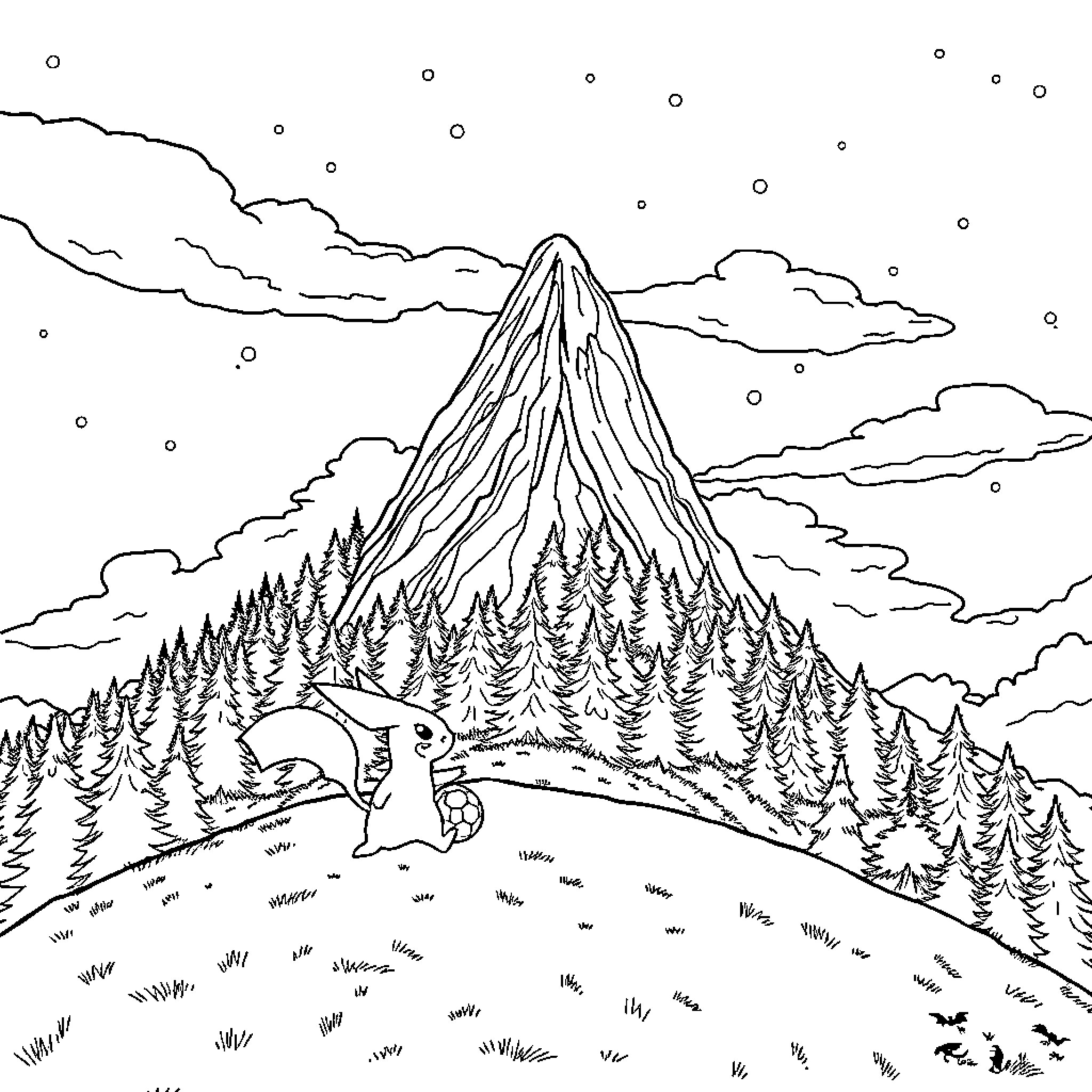 Pokémon exploring the snowy mountain landscape Coloring Page (free black-and-white line drawing printable PDF for all, from beginners to advanced learners, including children, teens, adults, and seniors)
