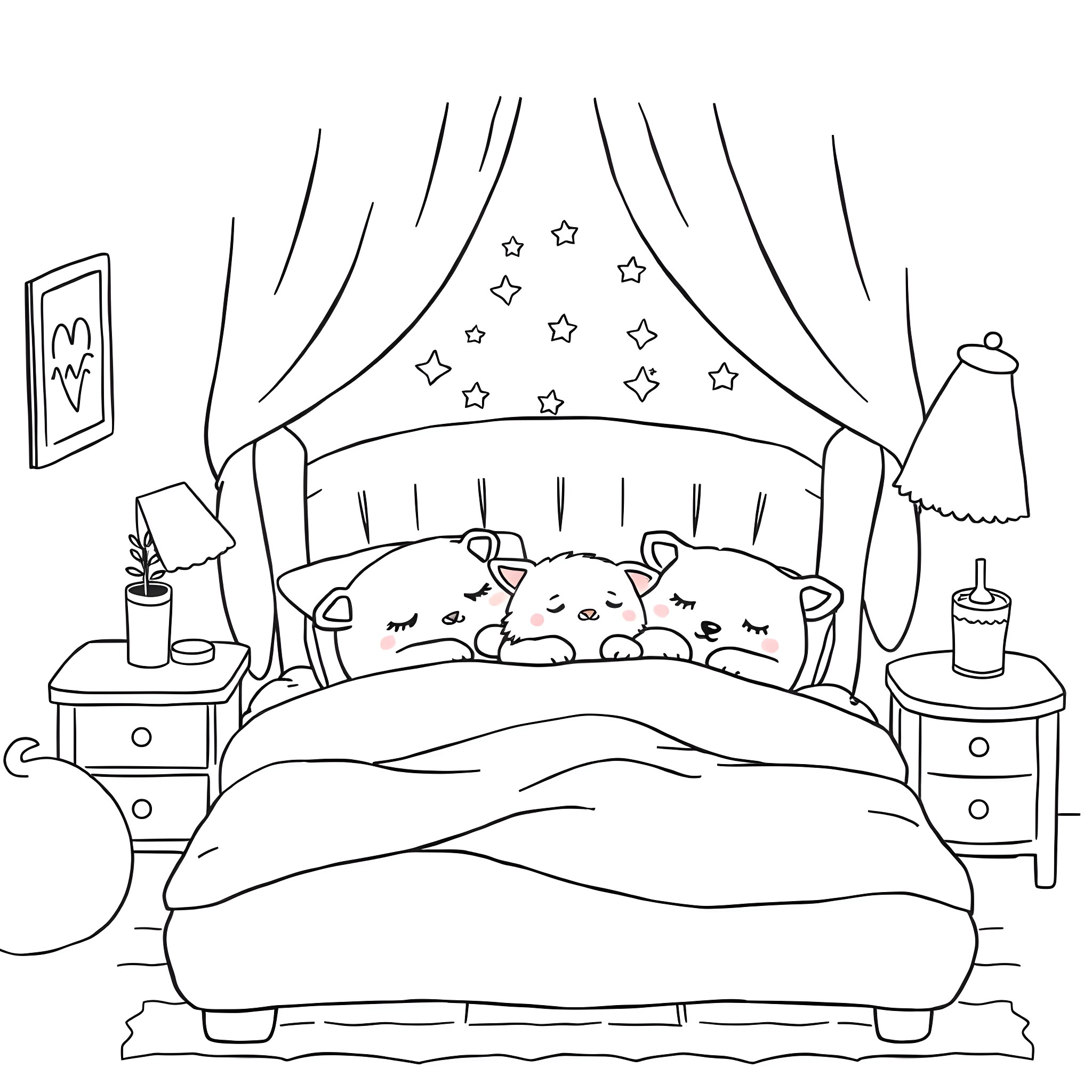 Animal friends cuddling in cozy bedroom Coloring Page (free black-and-white line drawing printable PDF for all, from beginners to advanced learners, including children, teens, adults, and seniors)