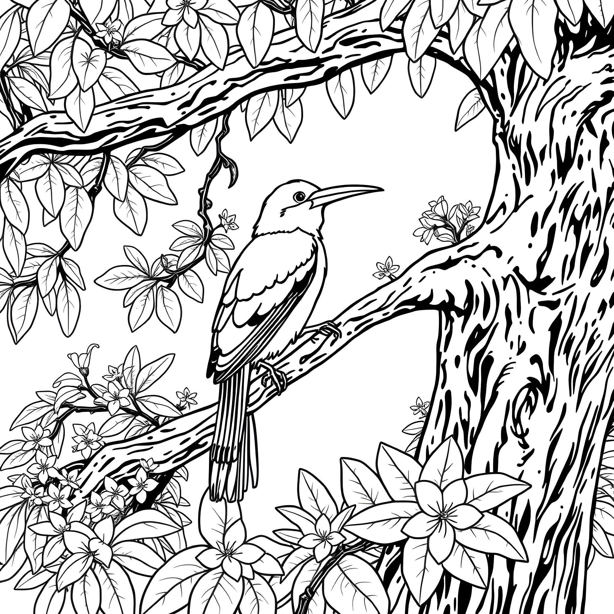 Apapane bird perched on a tree branch surrounded by flowers Coloring Page (free black-and-white line drawing printable PDF for all, from beginners to advanced learners, including children, teens, adults, and seniors)
