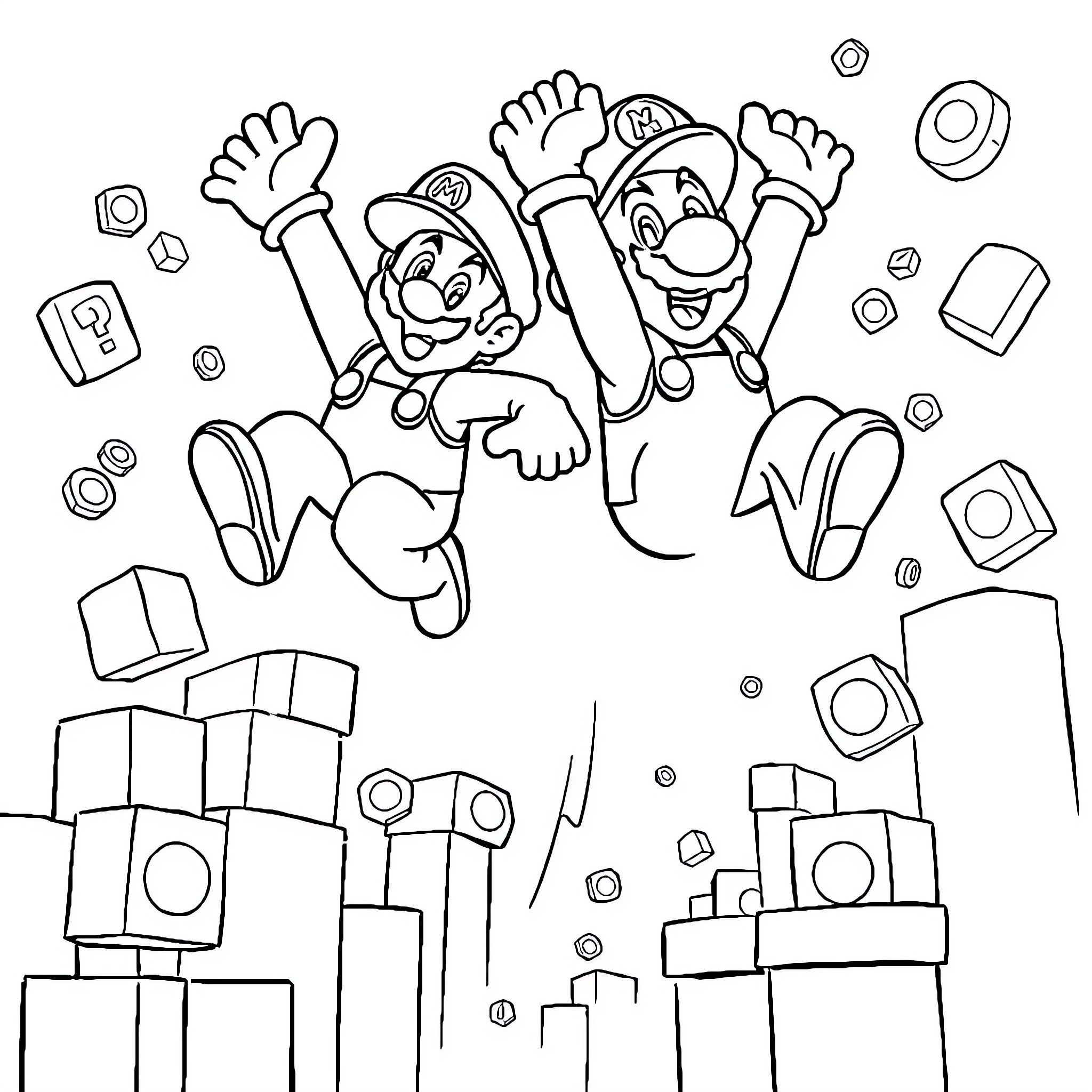 Mario Brothers Jumping with Joy Coloring Page (free black-and-white line drawing printable PDF for all, from beginners to advanced learners, including children, teens, adults, and seniors)