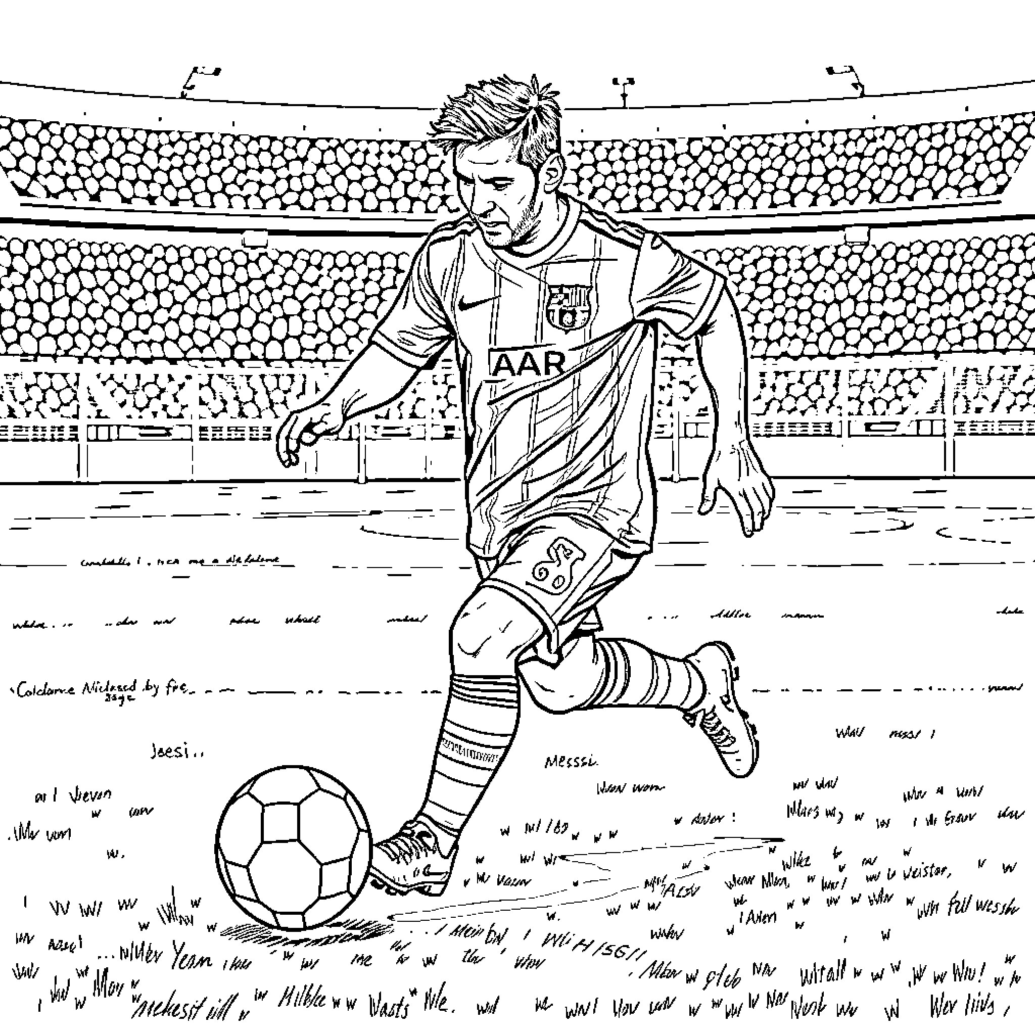 Messi playing soccer in a stadium Coloring Page (free black-and-white line drawing printable PDF for all, from beginners to advanced learners, including children, teens, adults, and seniors)