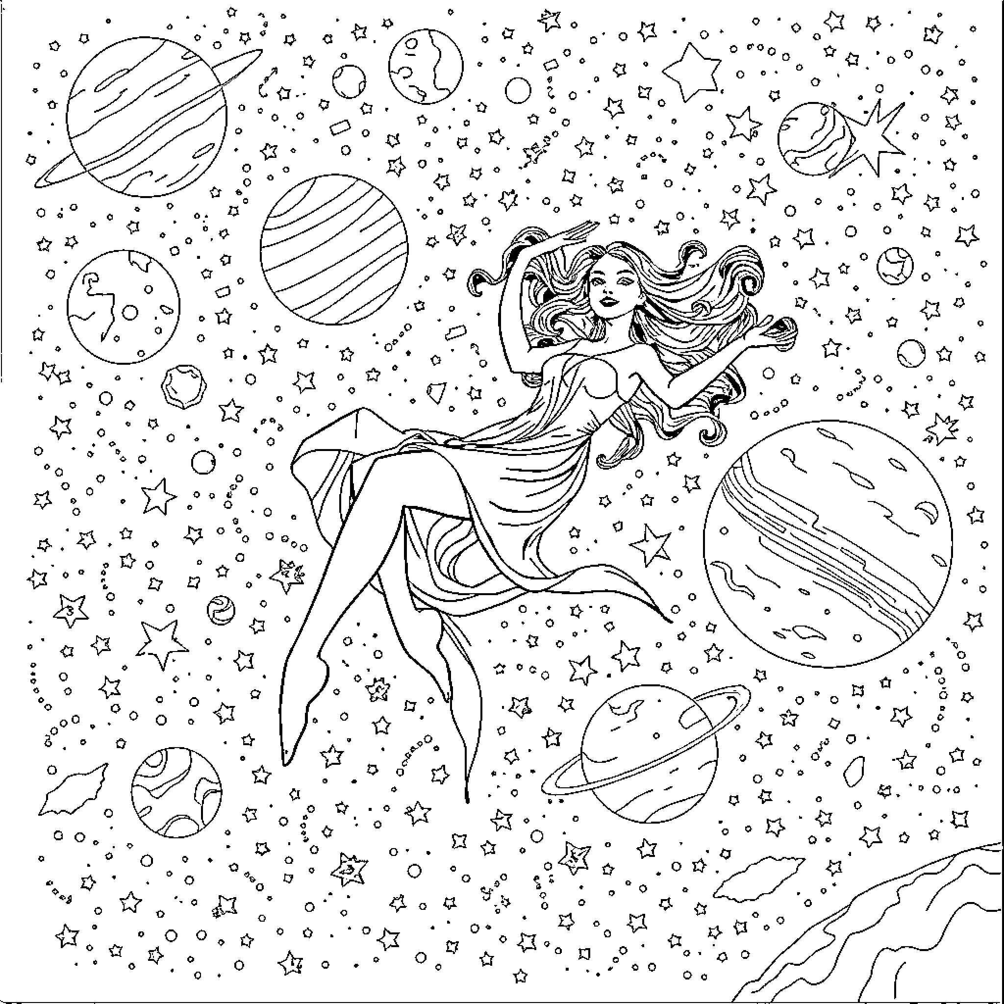 Woman floating in space with planets and stars Coloring Page (free black-and-white line drawing printable PDF for all, from beginners to advanced learners, including children, teens, adults, and seniors)