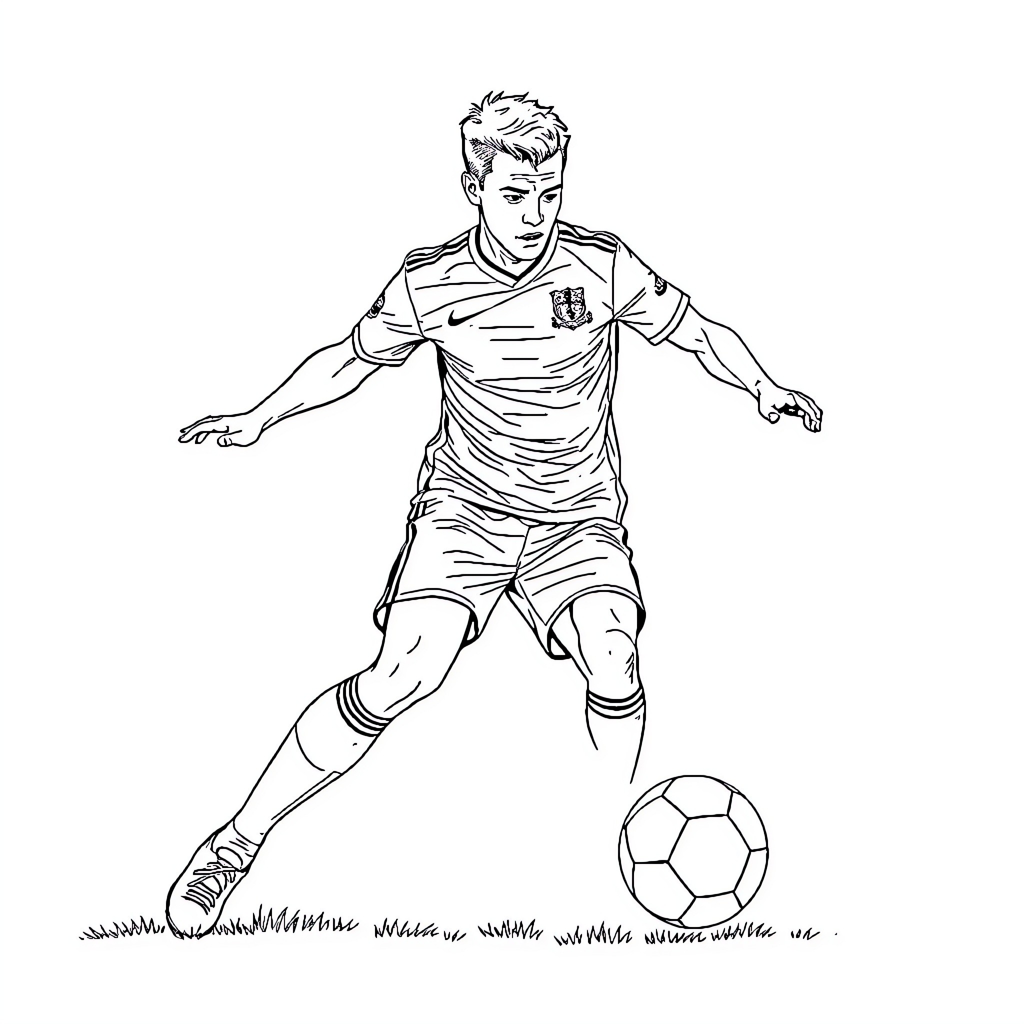 Football Player in Motion on the Field Coloring Page (free black-and-white line drawing printable PDF for all, from beginners to advanced learners, including children, teens, adults, and seniors)