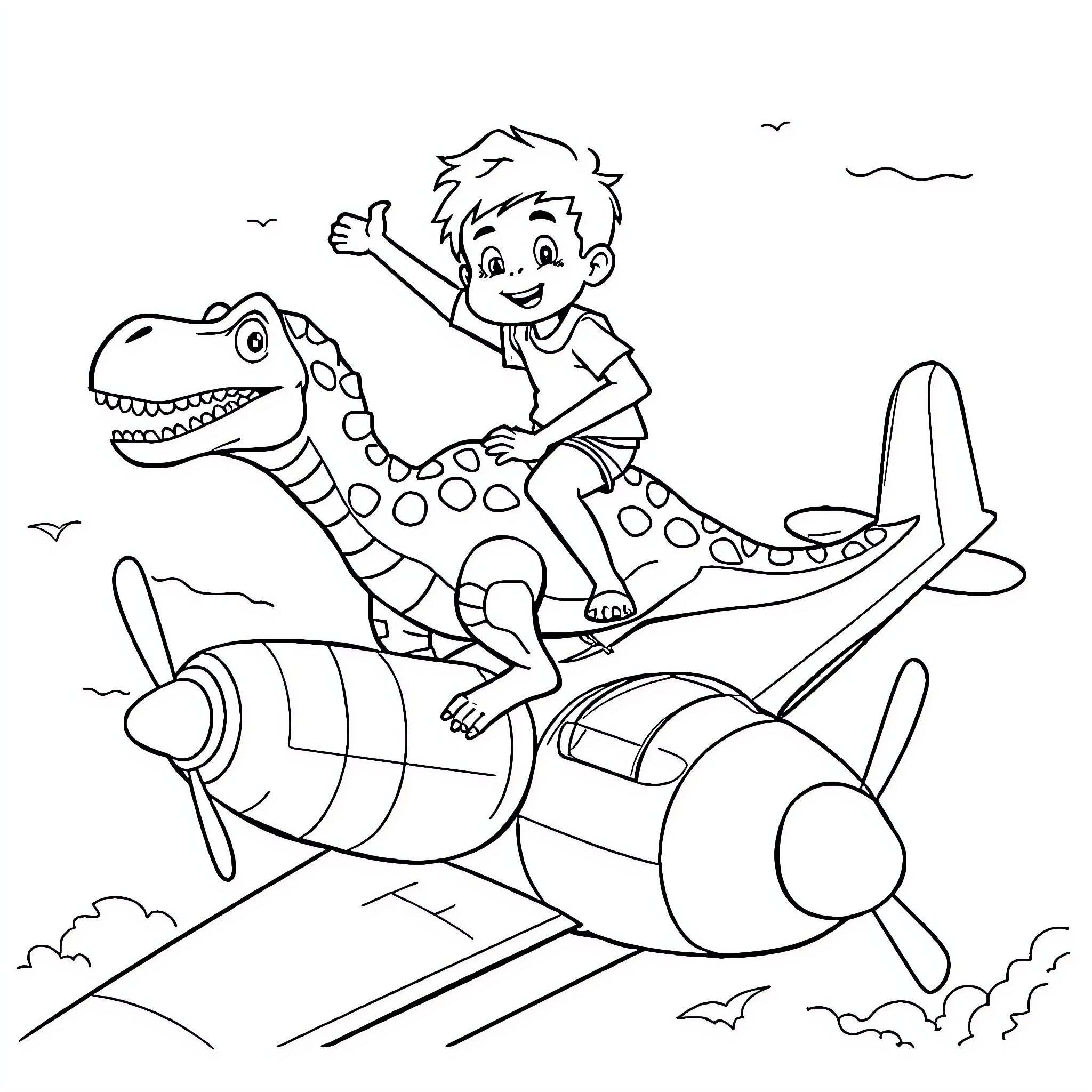 Boy joyfully riding on a dinosaur plane Coloring Page (free black-and-white line drawing printable PDF for all, from beginners to advanced learners, including children, teens, adults, and seniors)