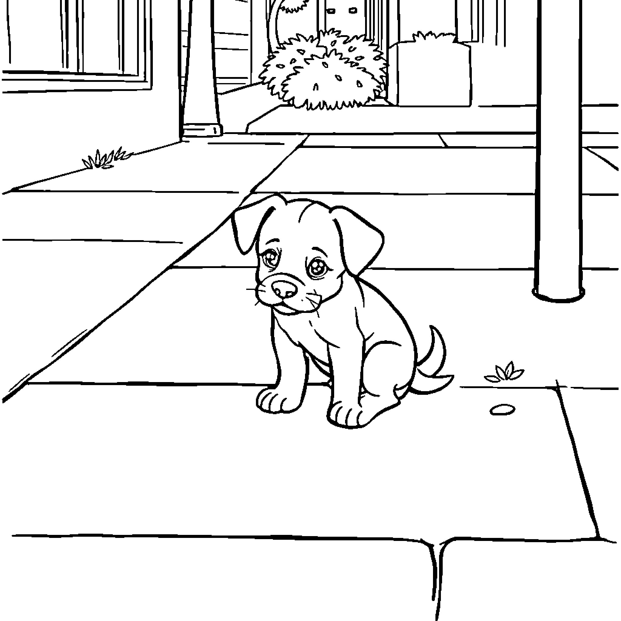 Puppy exploring the outdoors Coloring Page (free black-and-white line drawing printable PDF for all, from beginners to advanced learners, including children, teens, adults, and seniors)