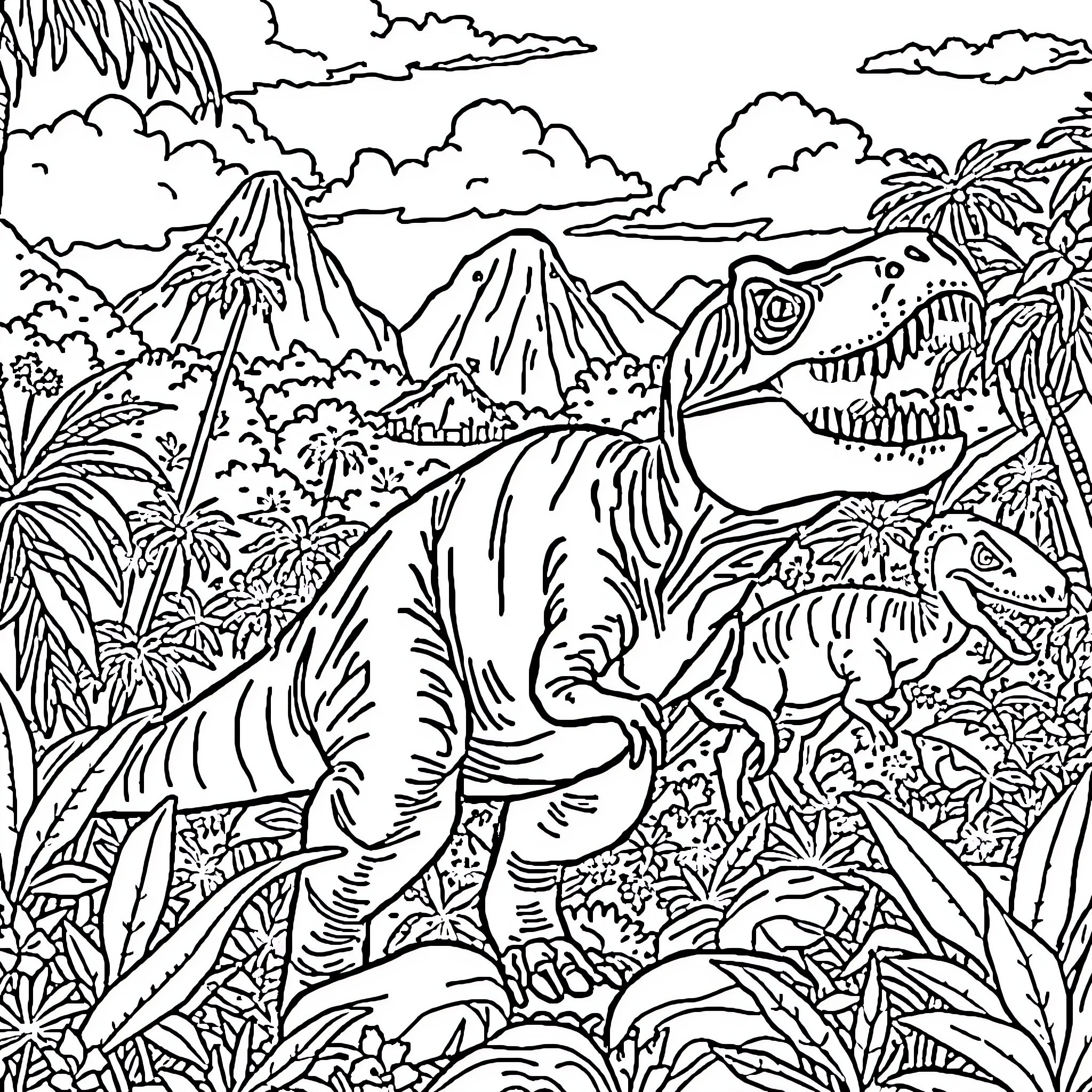 Jurassic Park Dinosaurs in Prehistoric Landscape Coloring Page (free black-and-white line drawing printable PDF for all, from beginners to advanced learners, including children, teens, adults, and seniors)