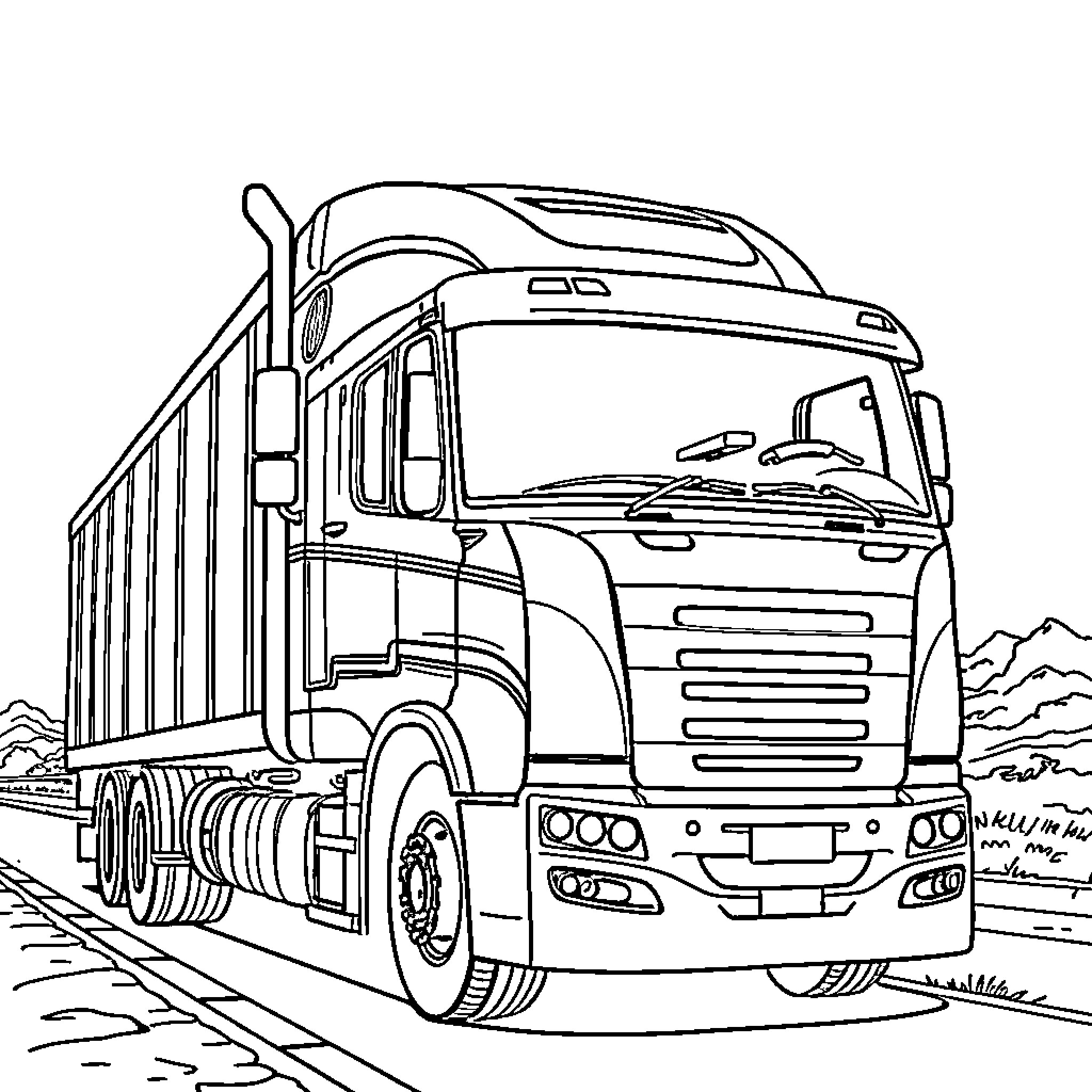 Truck transporting cargo on the road Coloring Page (free black-and-white line drawing printable PDF for all, from beginners to advanced learners, including children, teens, adults, and seniors)