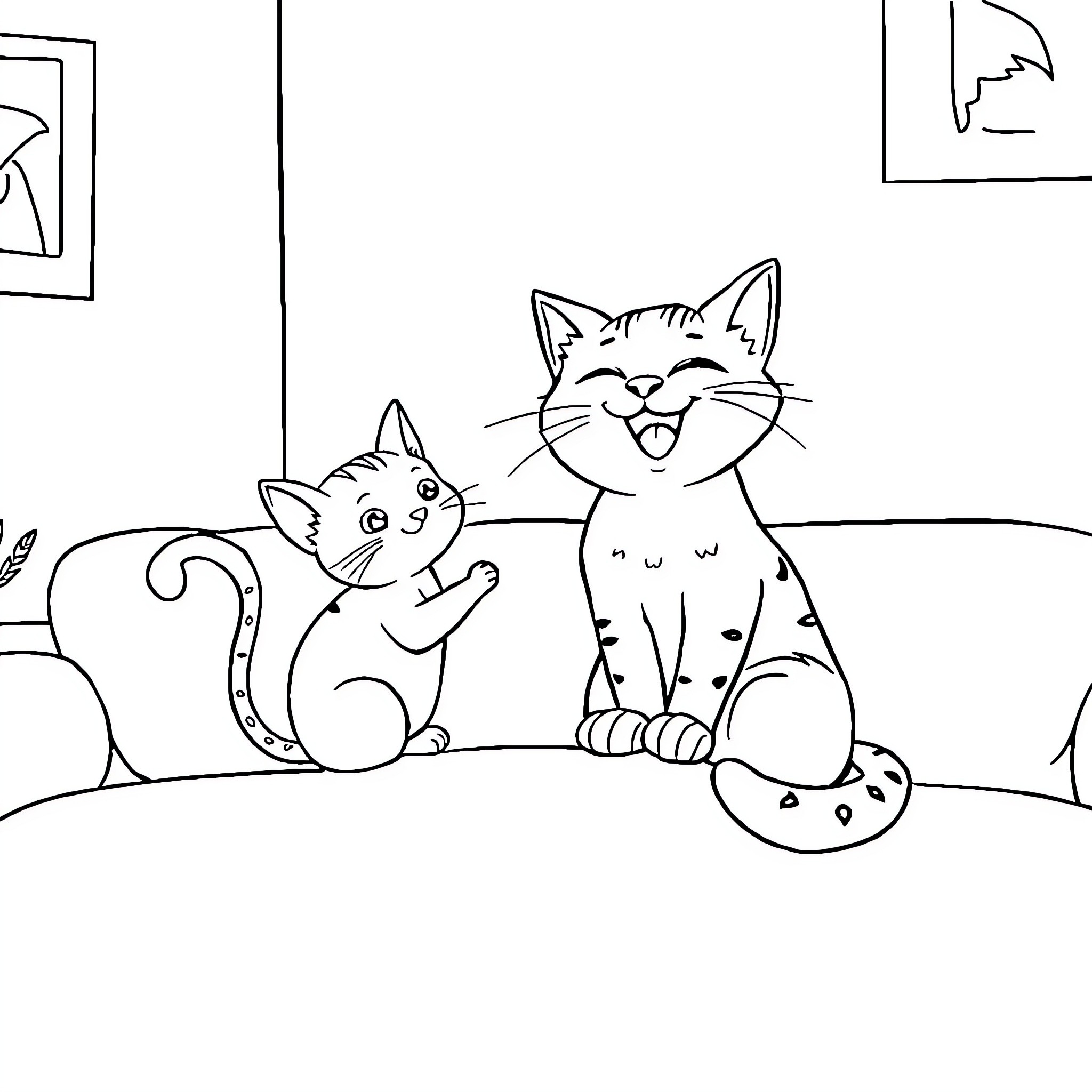 Cat Playmates Enjoying Each Other's Company Coloring Page (free black-and-white line drawing printable PDF for all, from beginners to advanced learners, including children, teens, adults, and seniors)