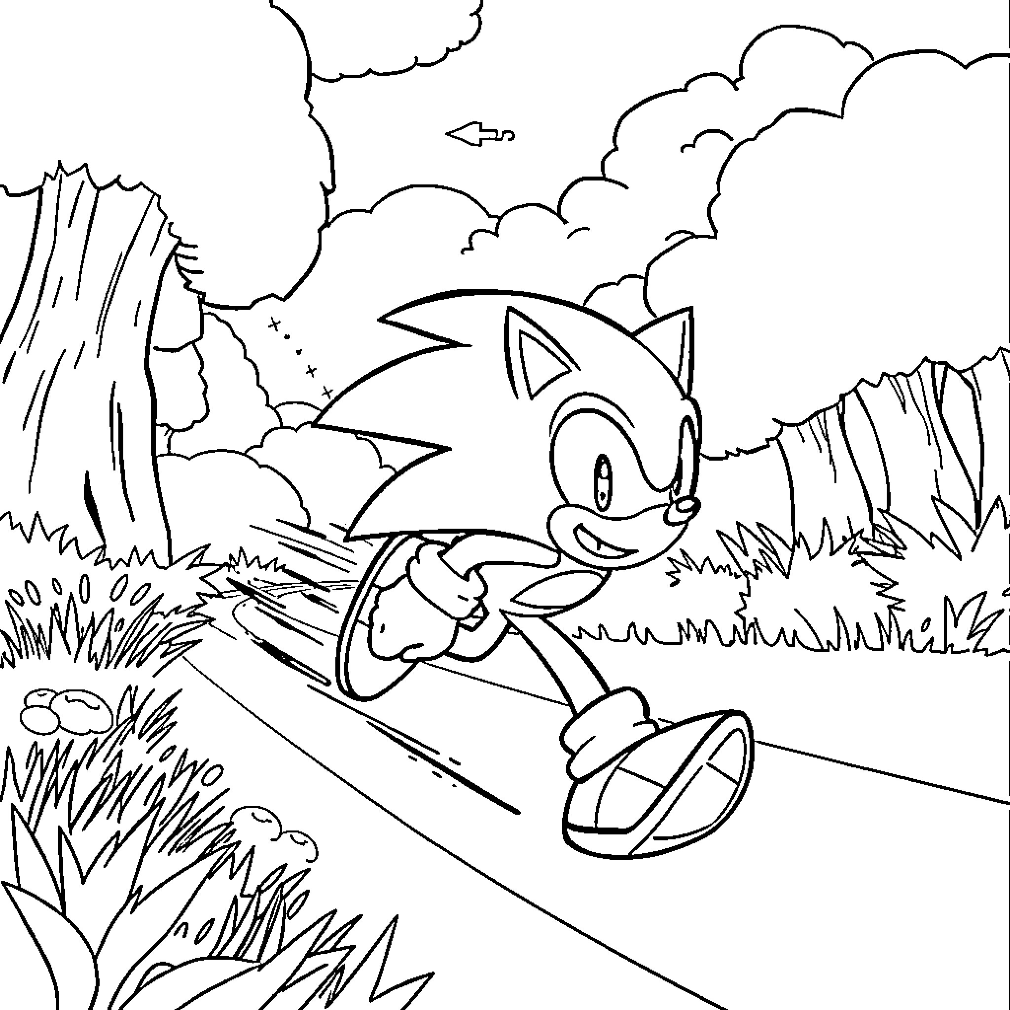 Sonic rushing through a forest landscape Coloring Page (free black-and-white line drawing printable PDF for all, from beginners to advanced learners, including children, teens, adults, and seniors)