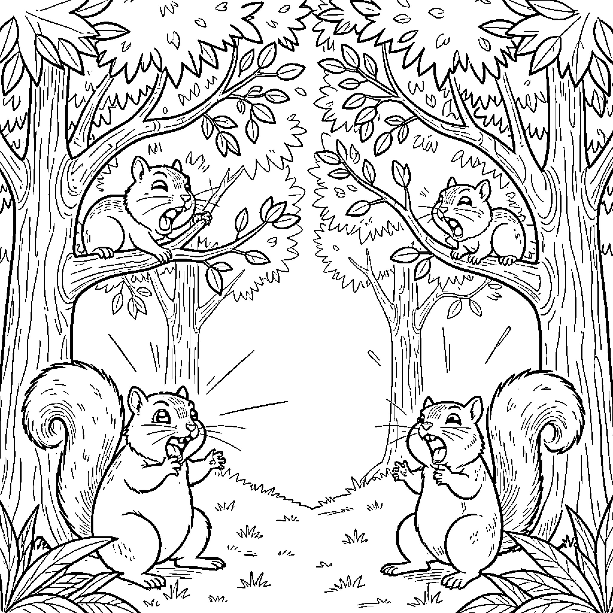 Squirrels making funny faces in a forest scene Coloring Page (free black-and-white line drawing printable PDF for all, from beginners to advanced learners, including children, teens, adults, and seniors)