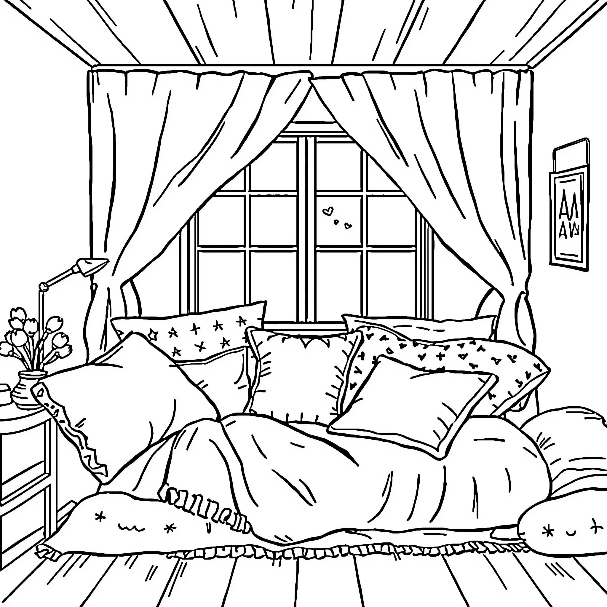 Cozy Bedroom Escape Coloring Page (free black-and-white line drawing printable PDF for all, from beginners to advanced learners, including children, teens, adults, and seniors)