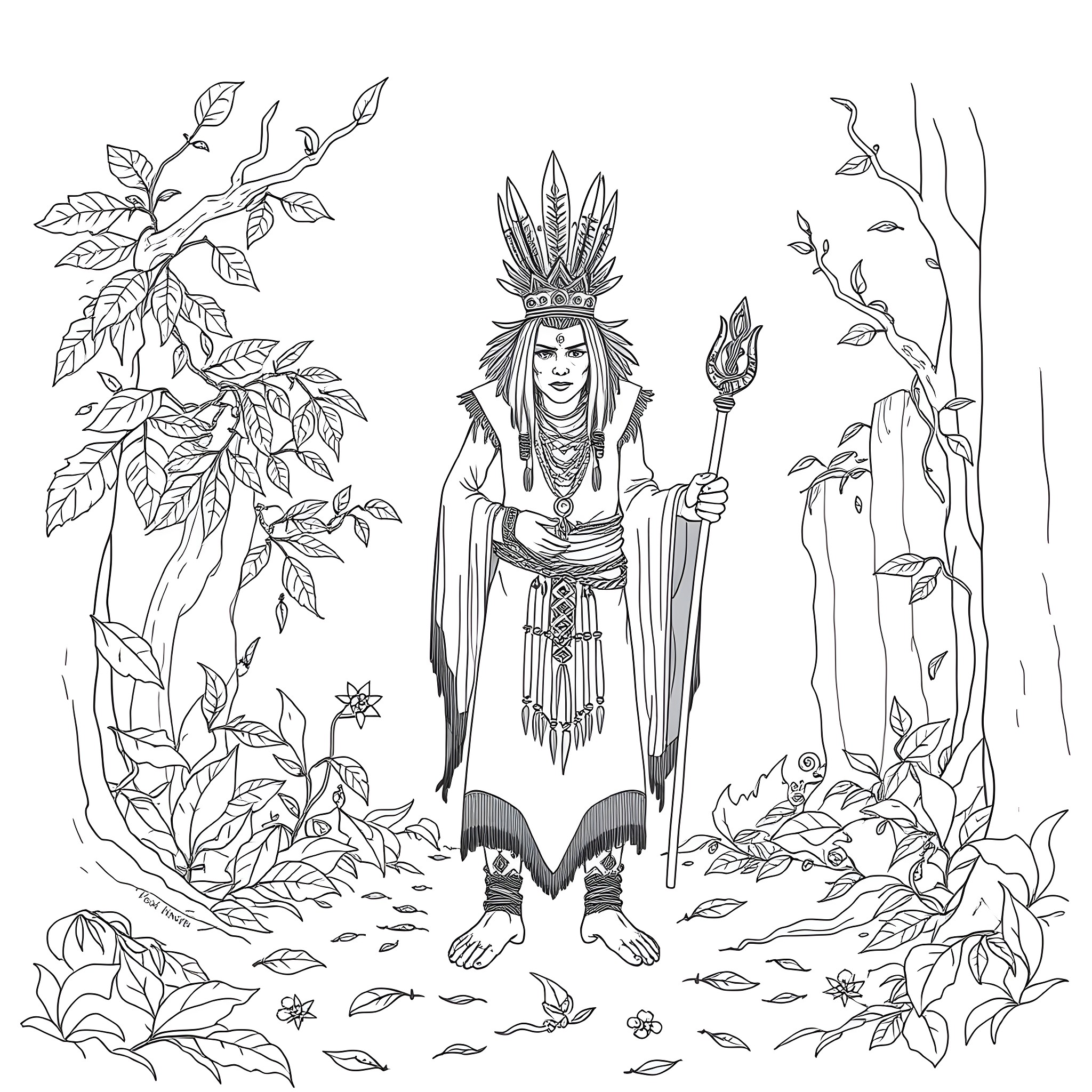 Shaman performing ritual in mystical forest setting Coloring Page (free black-and-white line drawing printable PDF for all, from beginners to advanced learners, including children, teens, adults, and seniors)