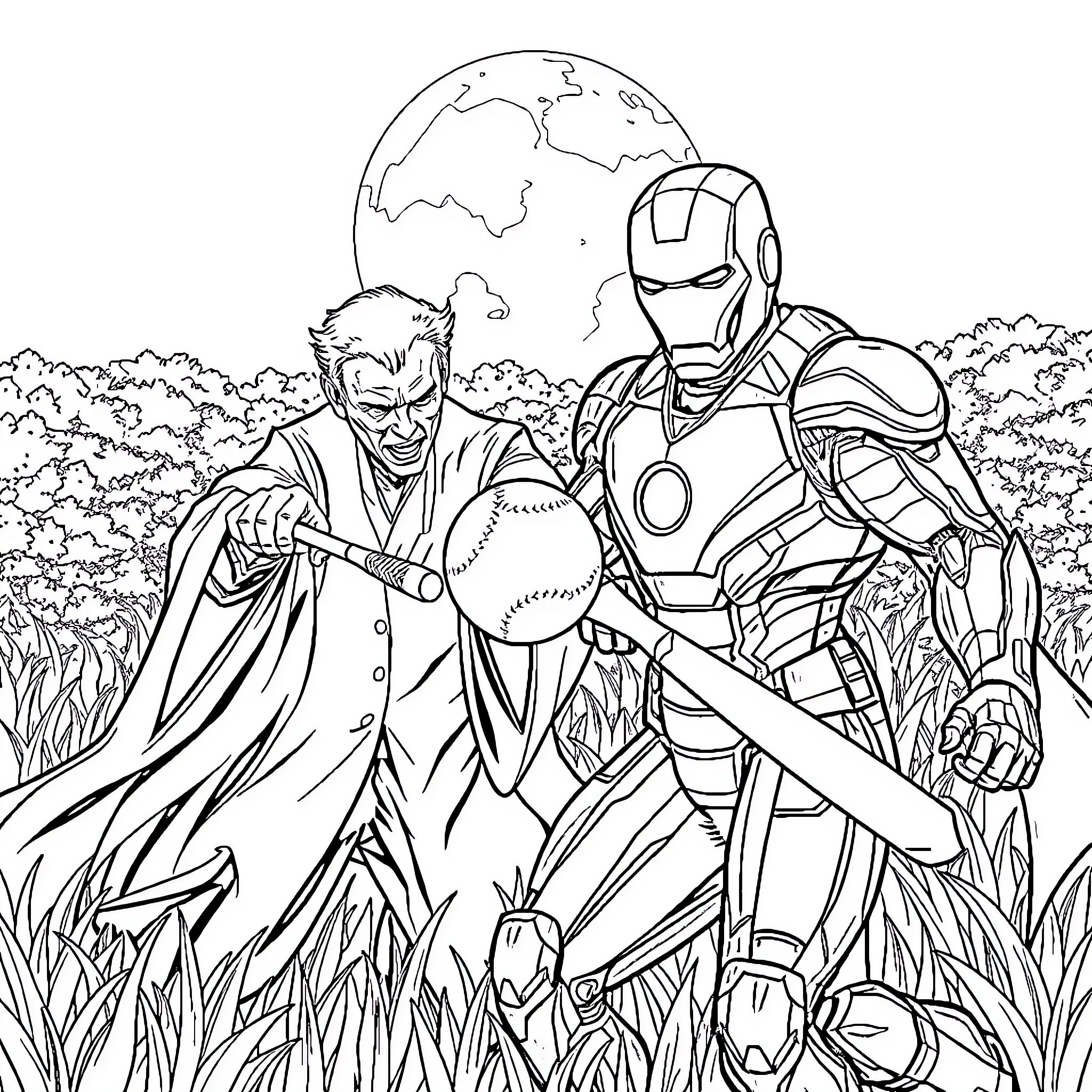 Voldemort and Iron Man battling in a field Coloring Page (free black-and-white line drawing printable PDF for all, from beginners to advanced learners, including children, teens, adults, and seniors)