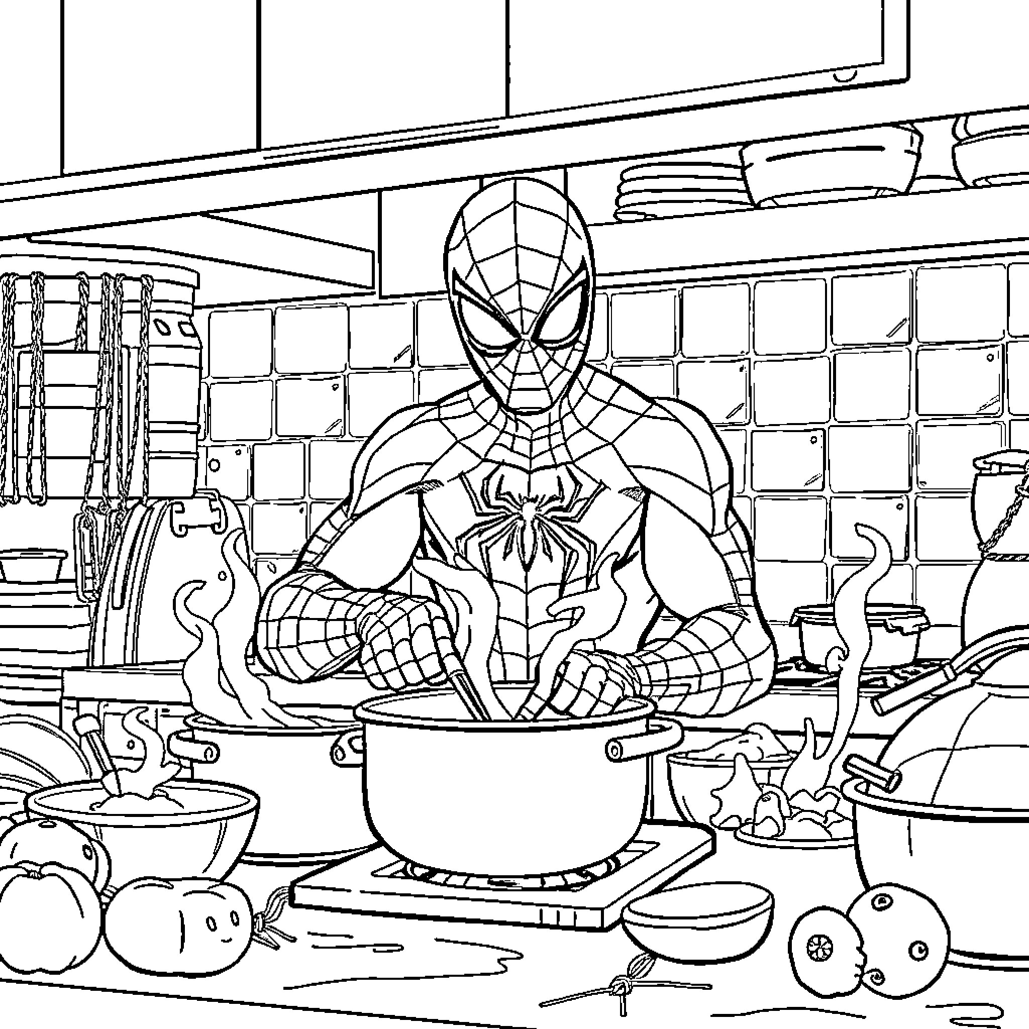 Spiderman cooking in a messy kitchen Coloring Page (free black-and-white line drawing printable PDF for all, from beginners to advanced learners, including children, teens, adults, and seniors)