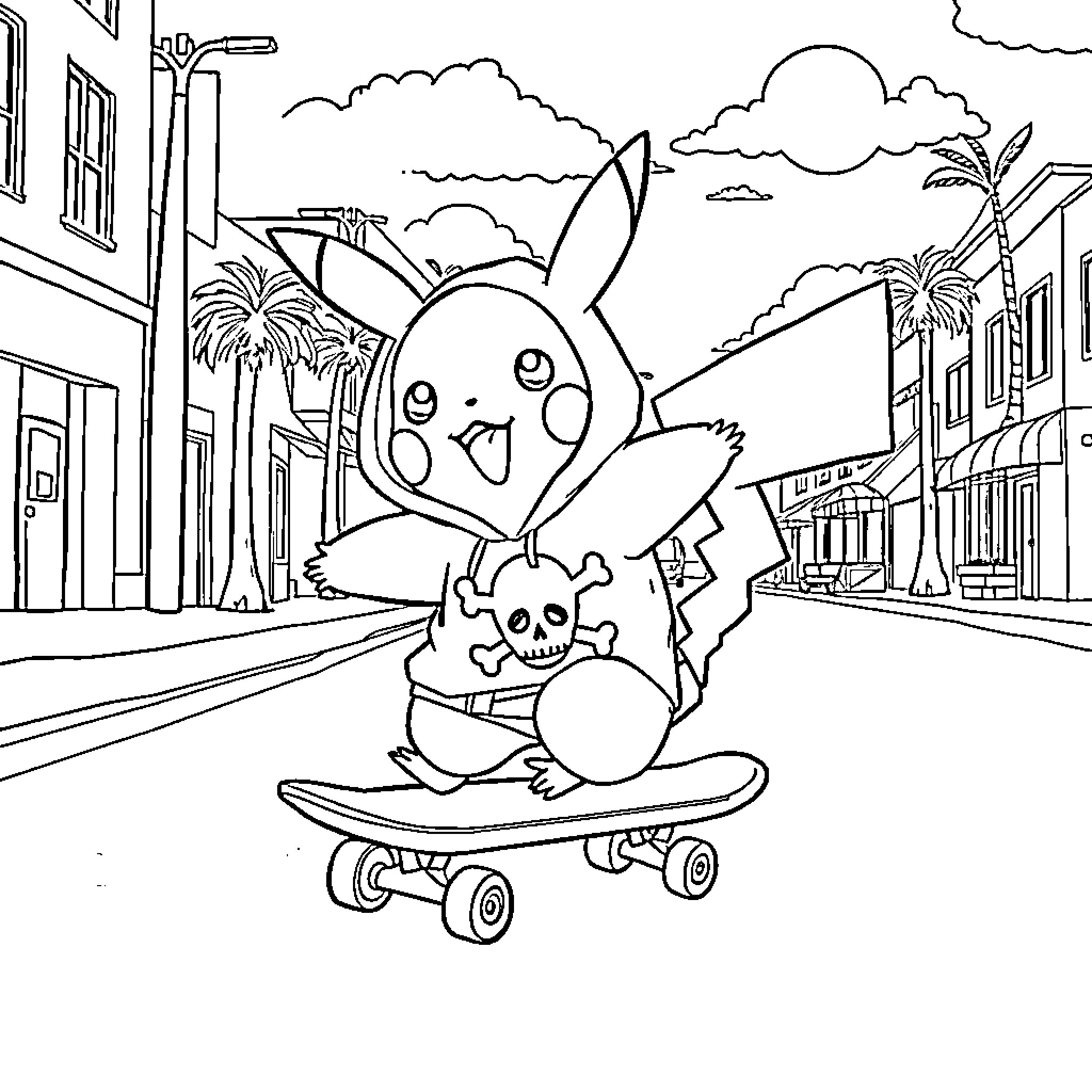 Pikachu skateboarding through a city street Coloring Page (free black-and-white line drawing printable PDF for all, from beginners to advanced learners, including children, teens, adults, and seniors)