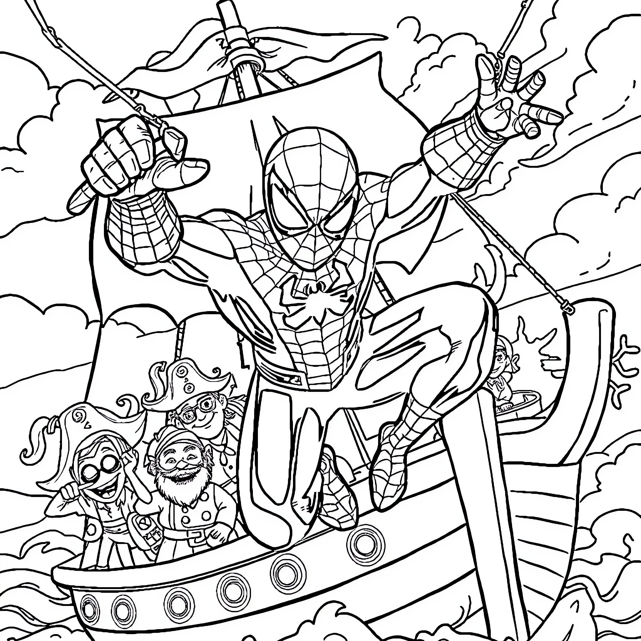 Spiderman in action on a pirate ship Coloring Page (free black-and-white line drawing printable PDF for all, from beginners to advanced learners, including children, teens, adults, and seniors)