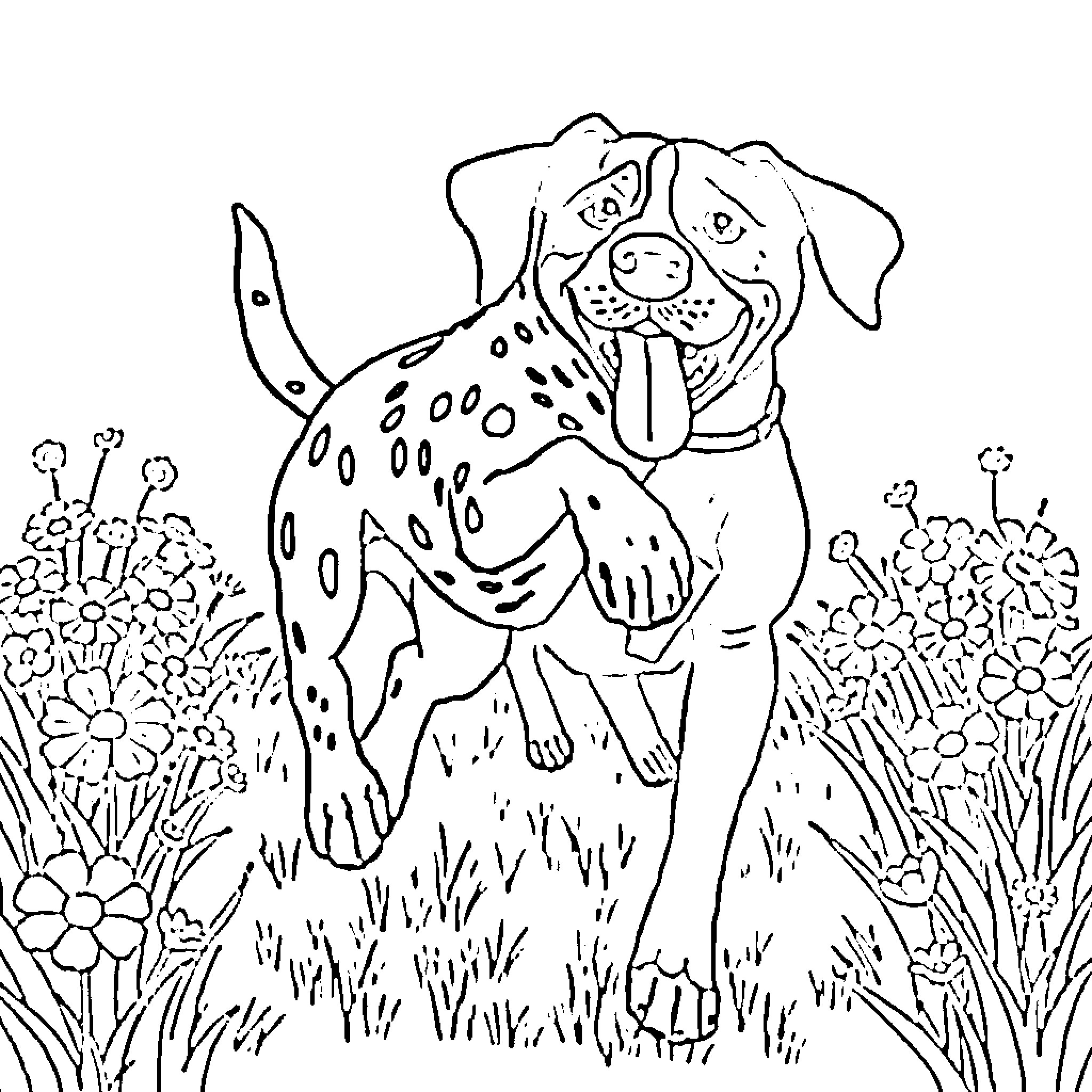 Dog snuggled in a floral garden Coloring Page (free black-and-white line drawing printable PDF for all, from beginners to advanced learners, including children, teens, adults, and seniors)