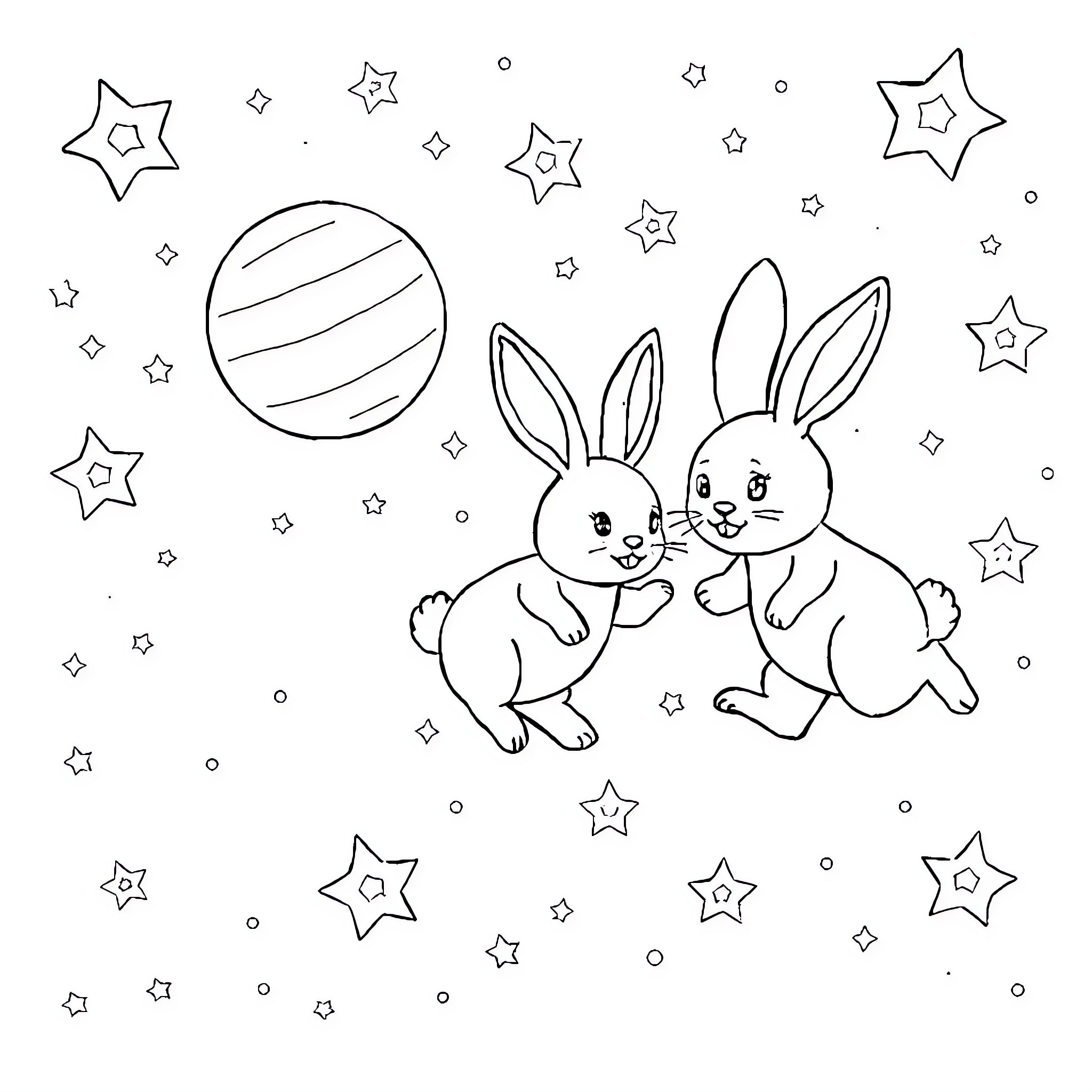 Bunny friends exploring the starry night Coloring Page (free black-and-white line drawing printable PDF for all, from beginners to advanced learners, including children, teens, adults, and seniors)