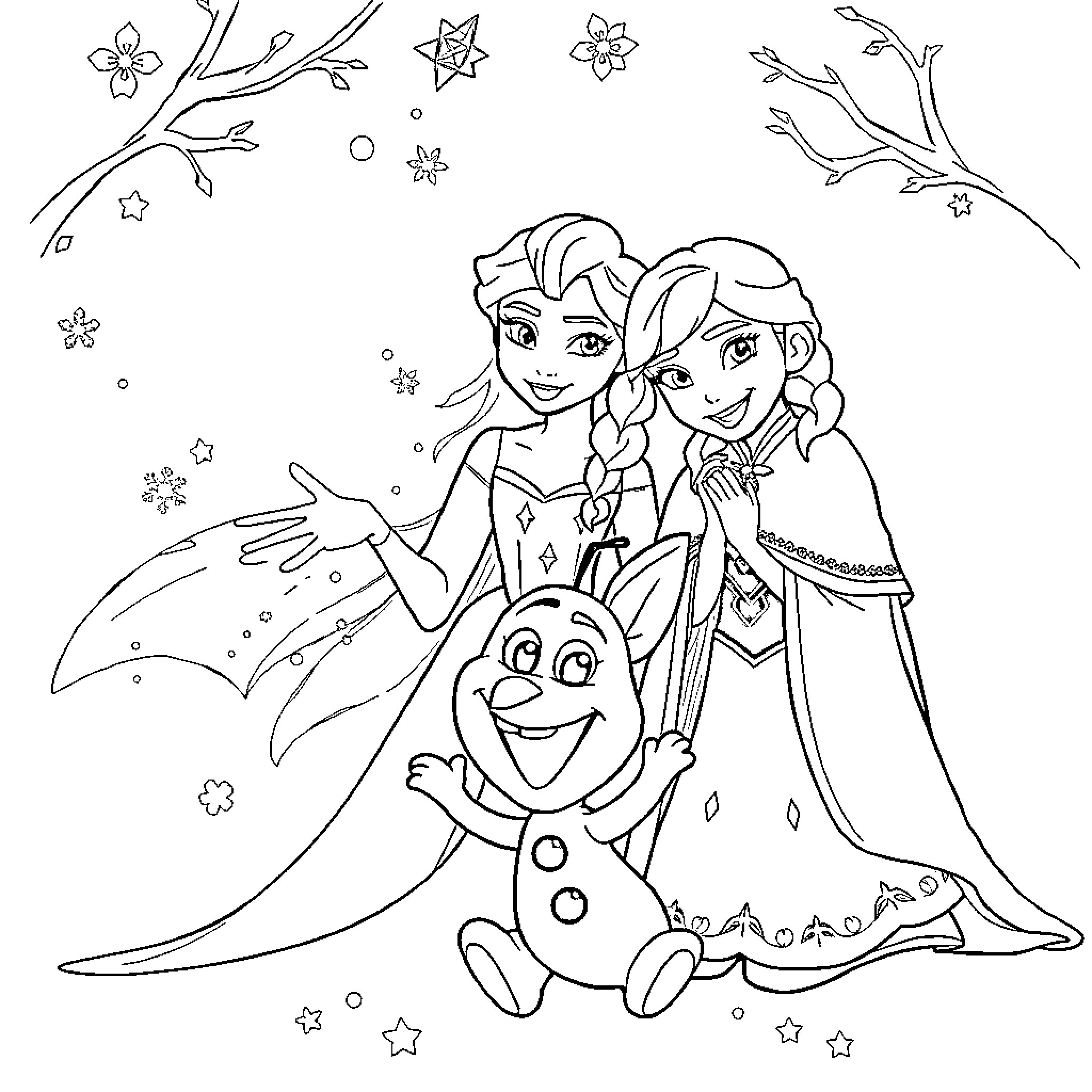 Elsa and Anna in a Winter Wonderland Coloring Page (free black-and-white line drawing printable PDF for all, from beginners to advanced learners, including children, teens, adults, and seniors)