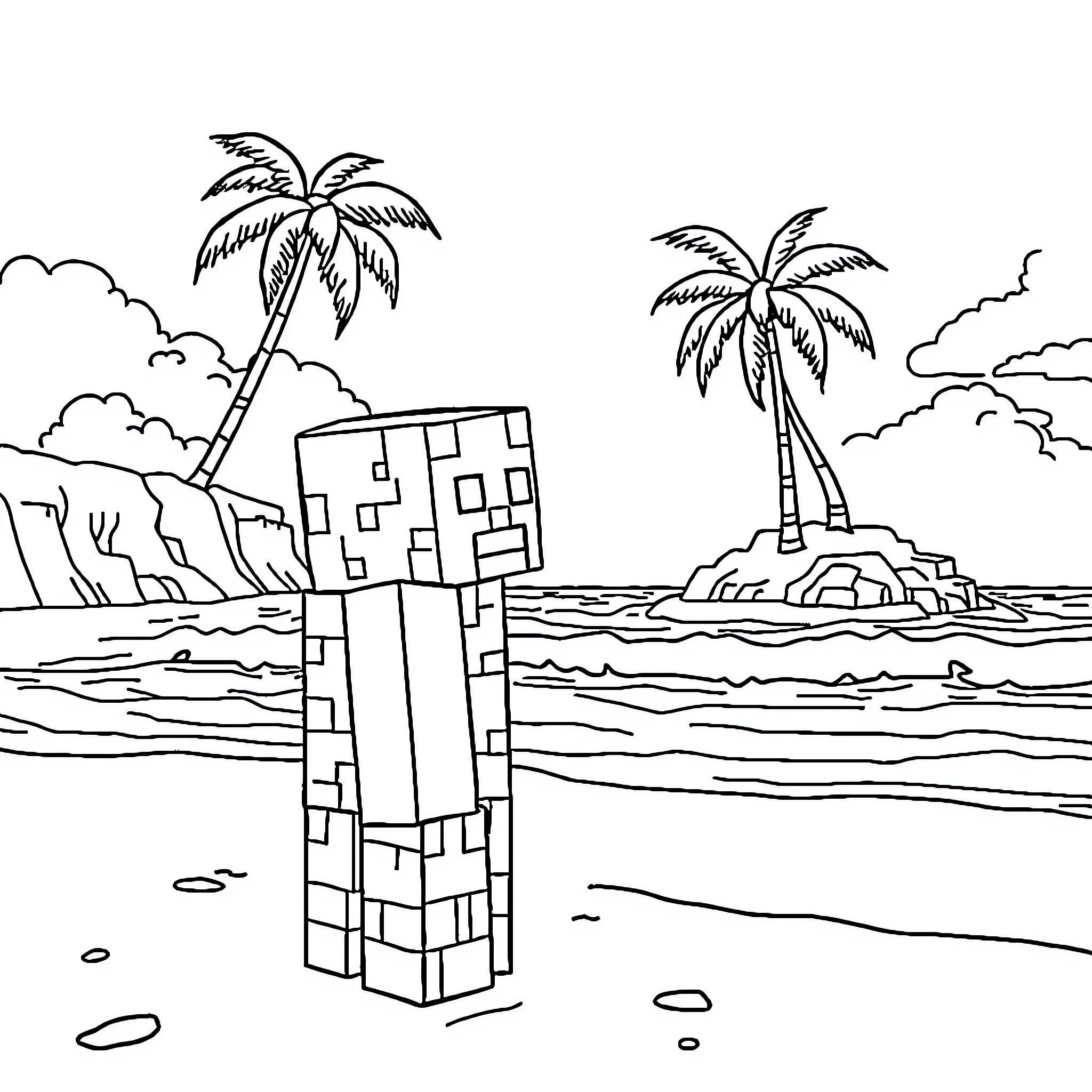Creeper exploring tropical beach landscape Coloring Page (free black-and-white line drawing printable PDF for all, from beginners to advanced learners, including children, teens, adults, and seniors)