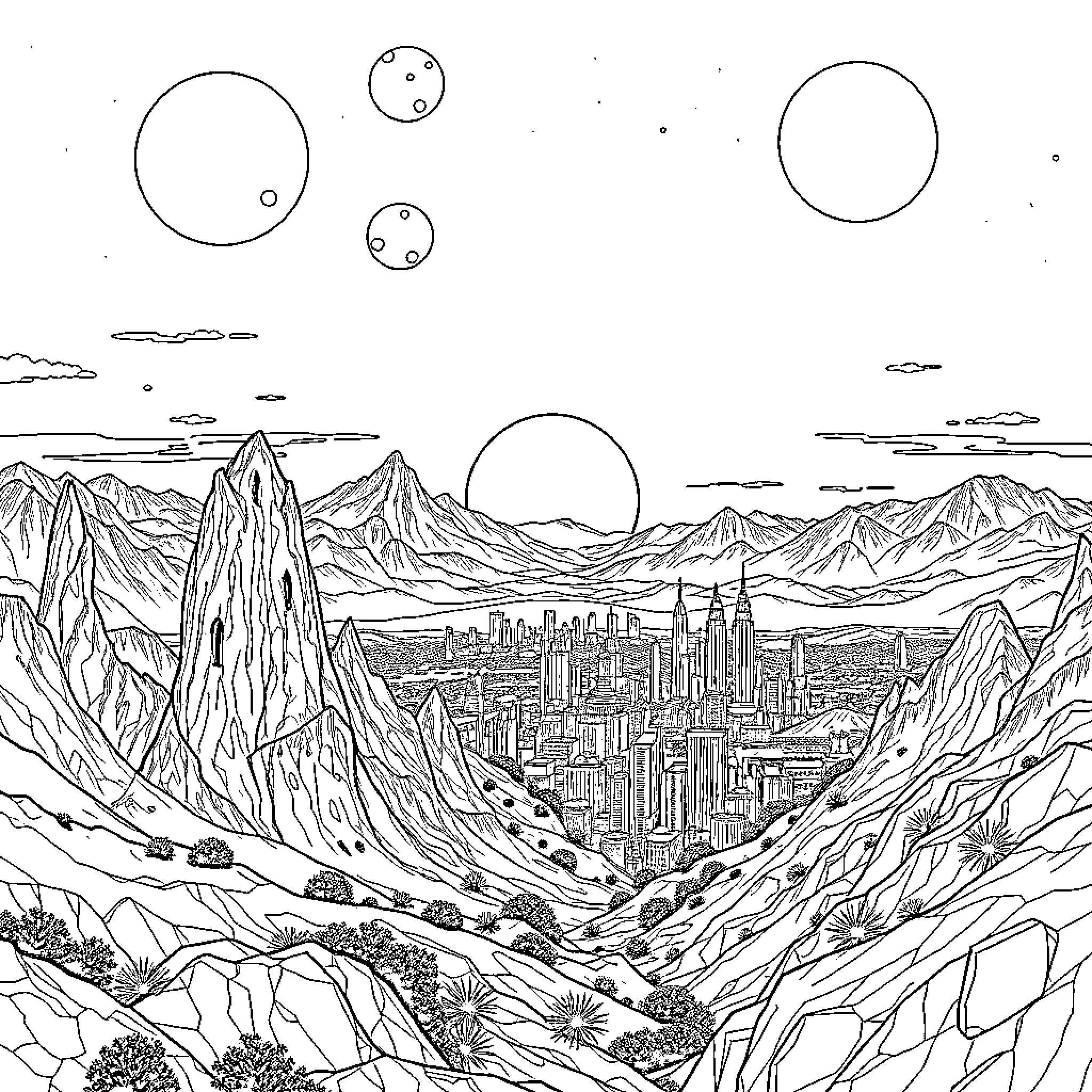 Planet with a futuristic city and mountainous landscape Coloring Page (free black-and-white line drawing printable PDF for all, from beginners to advanced learners, including children, teens, adults, and seniors)